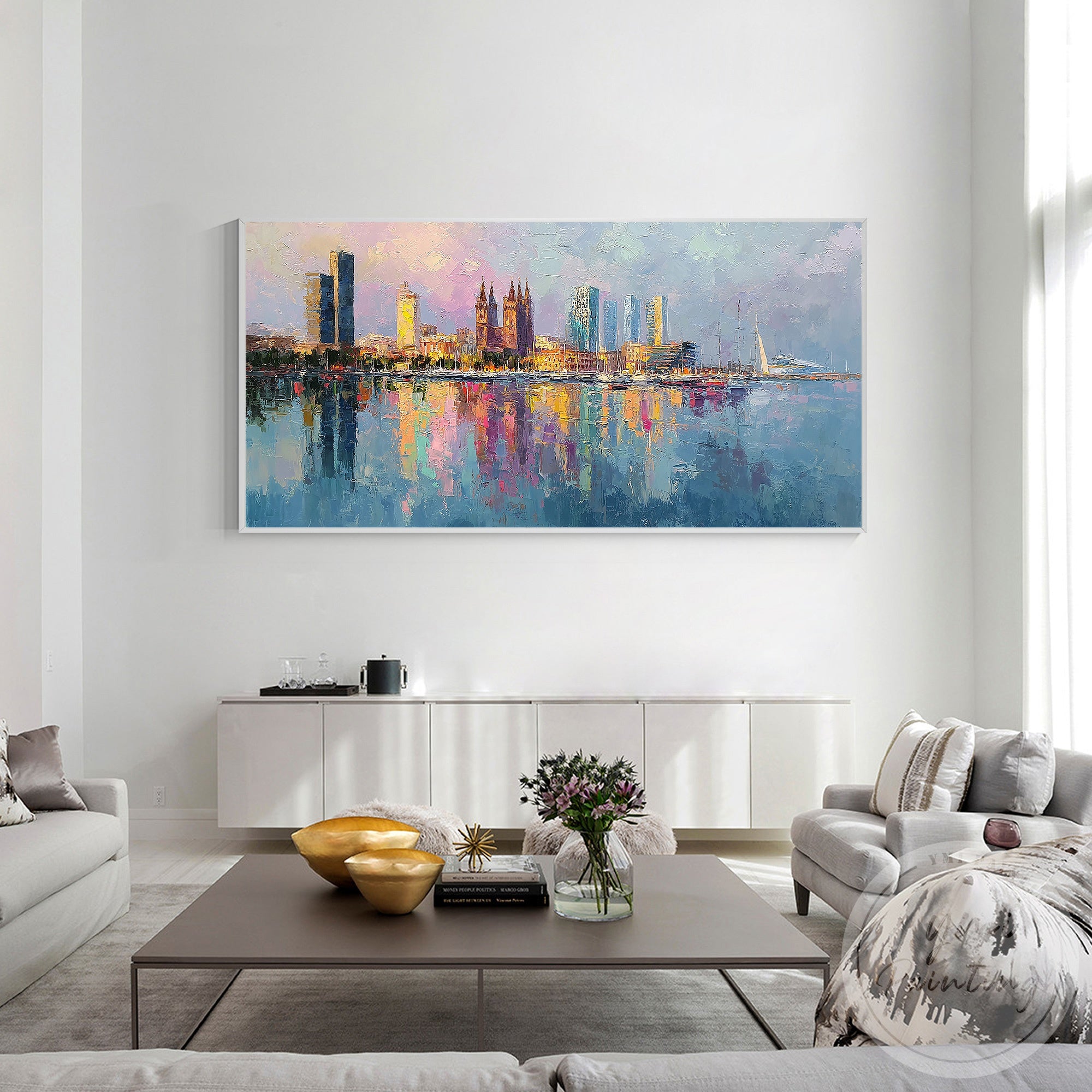Palette knife skyline artwork Barcelona harbor modern style