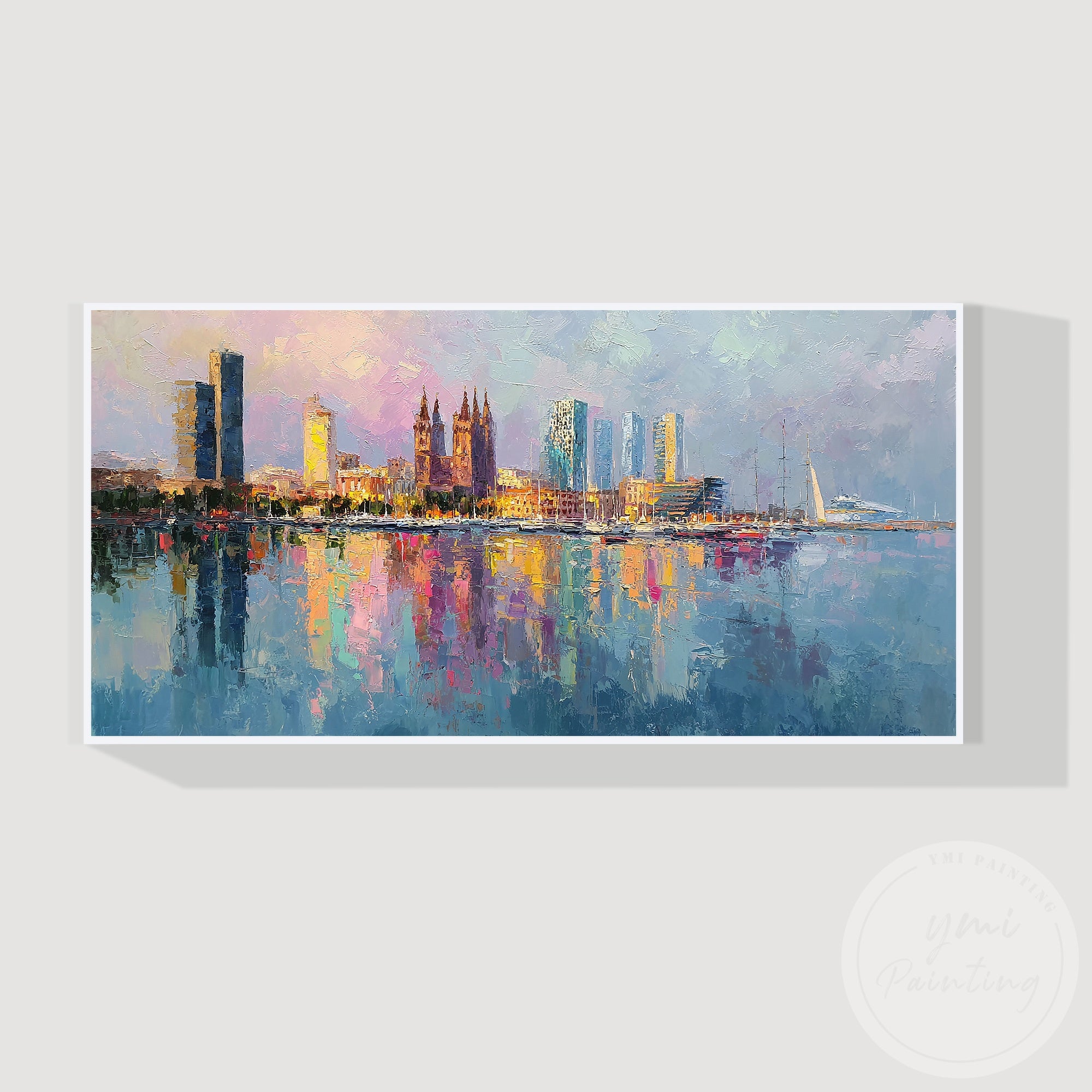 Large Barcelona city wall art colorful Mediterranean skyline