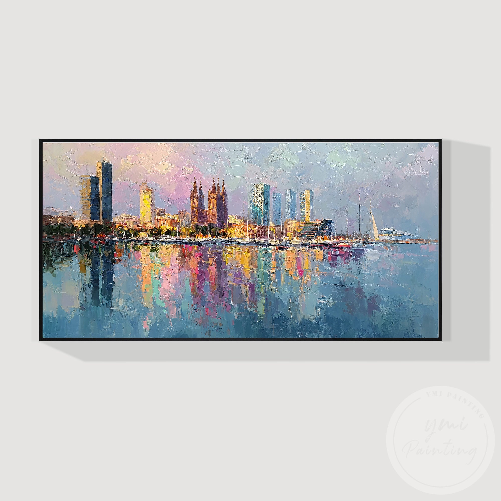 Contemporary Barcelona harbor painting for office interior decor