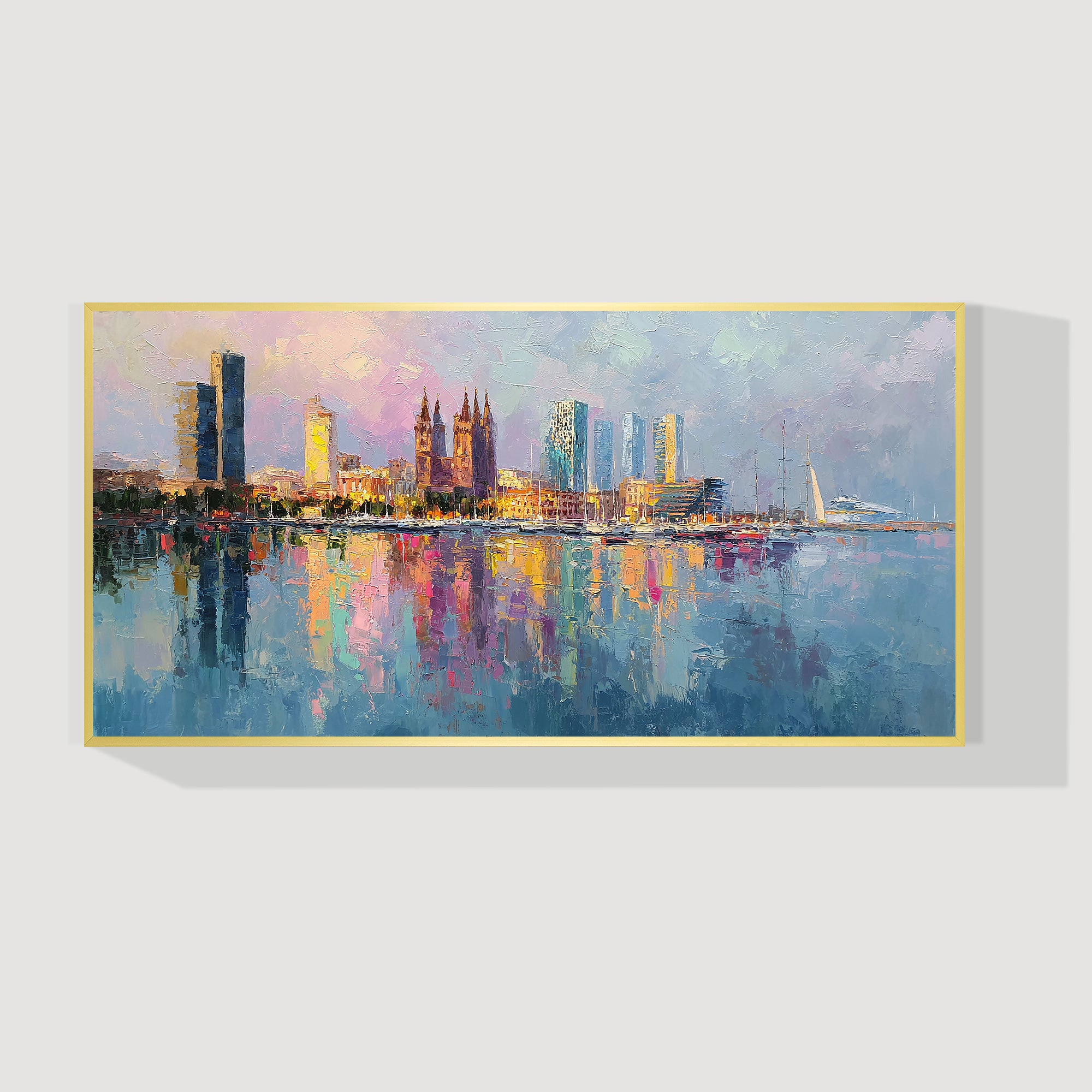 Barcelona harbor canvas art panoramic skyline painting colorful