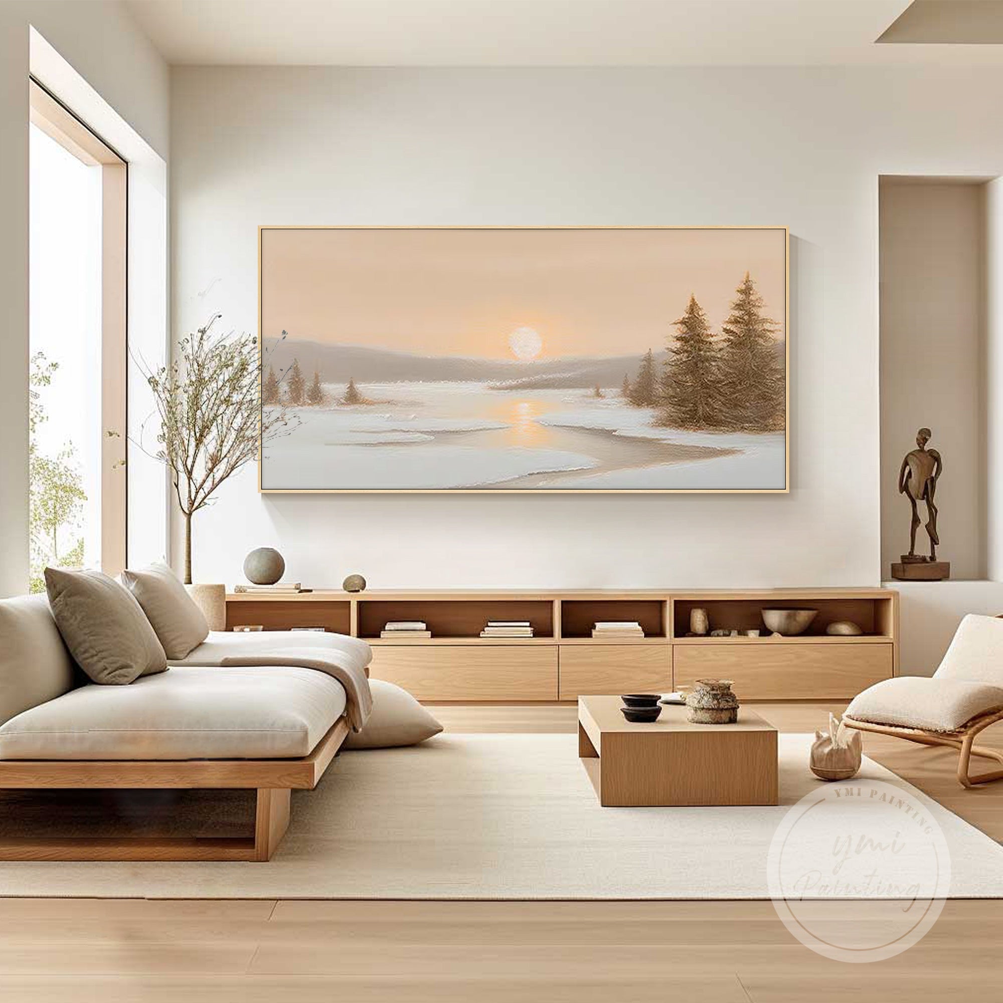 Sunrise landscape wall art with tree and river for living room decor