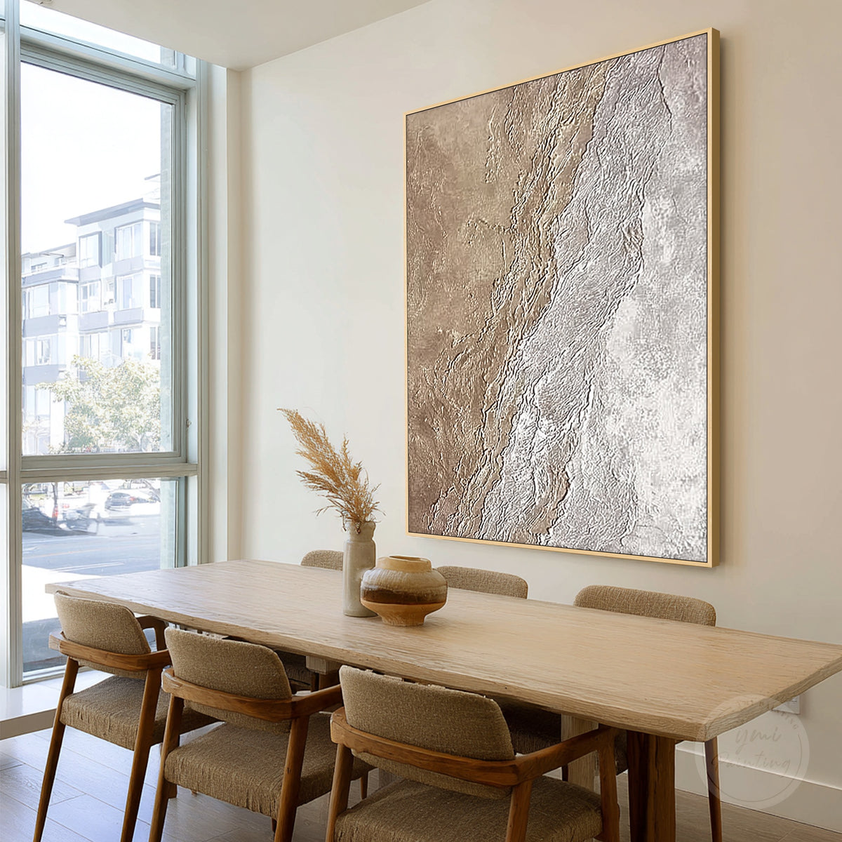 Beige and ivory abstract wall art, close-up