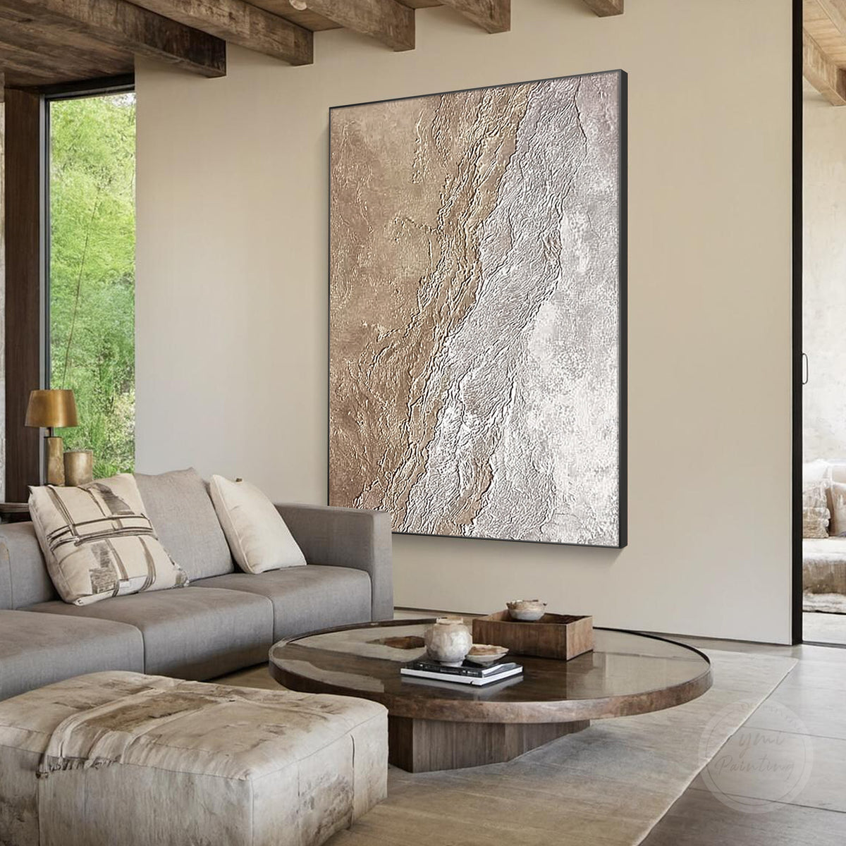 Beige and ivory textured painting, side angle