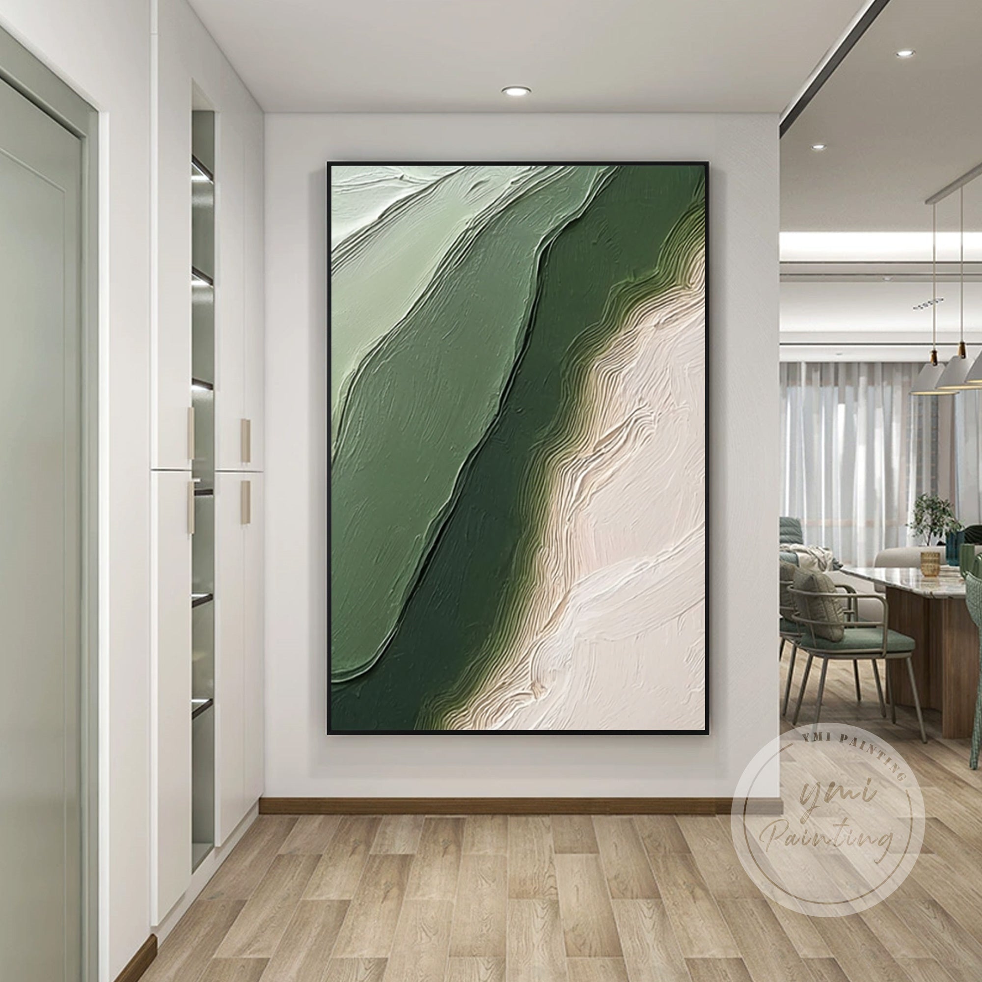 セージグリーンとベージュの山のアート – 3Dテクスチャードミニマル