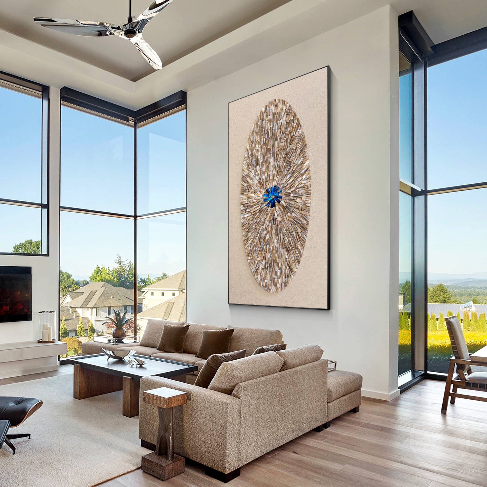 Modern seashell wall art with natural oyster shells, 3D relief texture, and sophisticated coastal home style