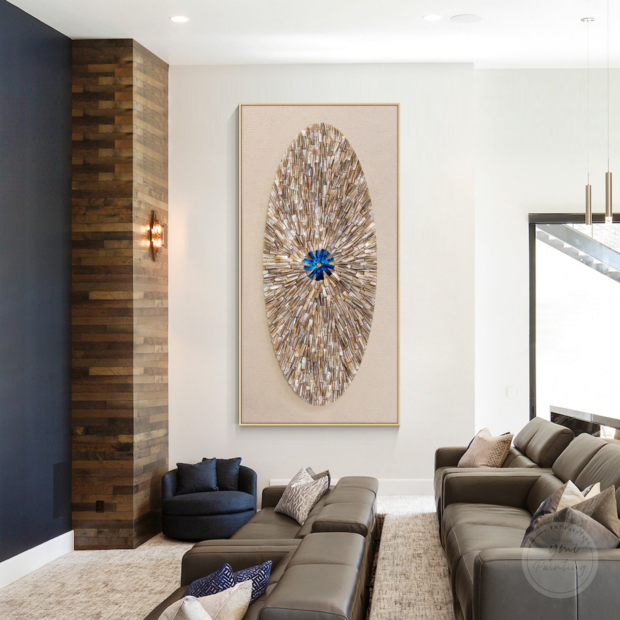 Contemporary oyster shell art featuring natural shell elements, soft neutral colors, and elegant coastal design