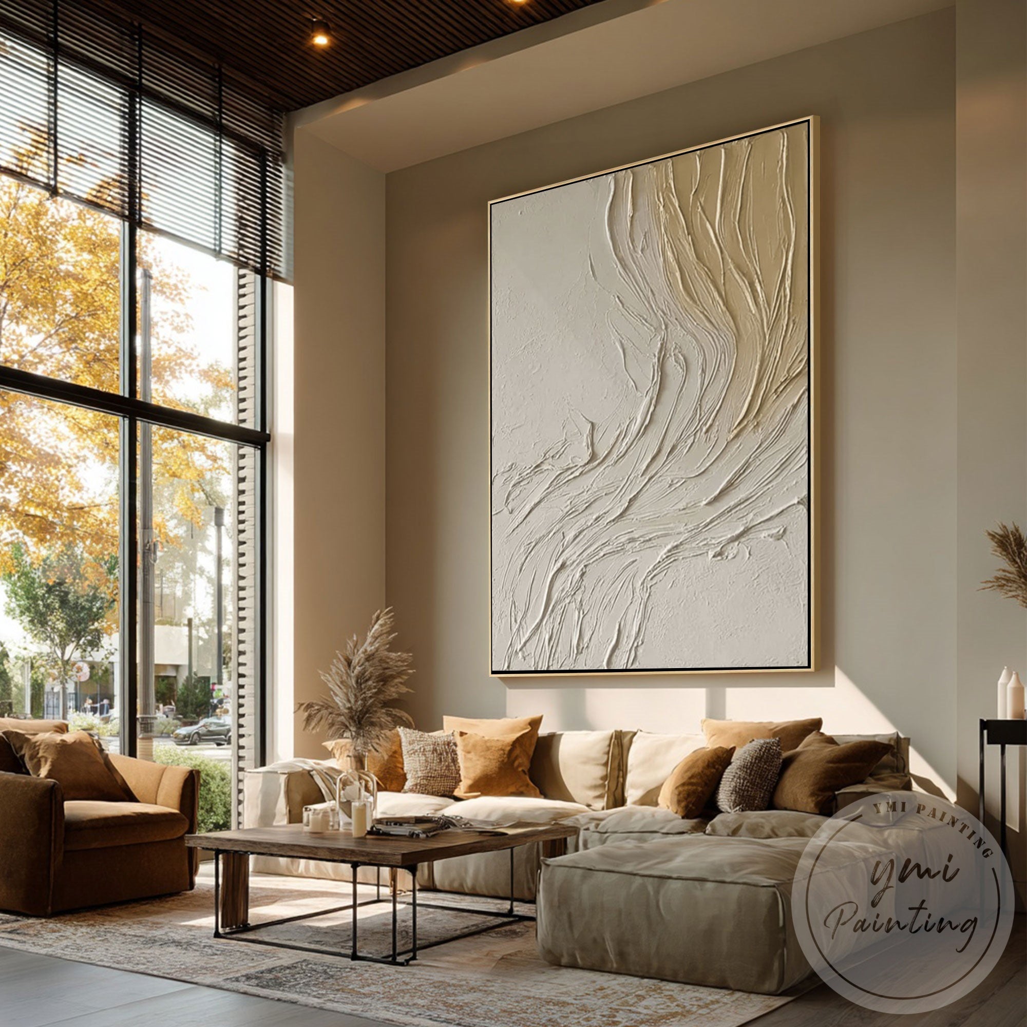 Minimalist plaster texture painting modern living room decor