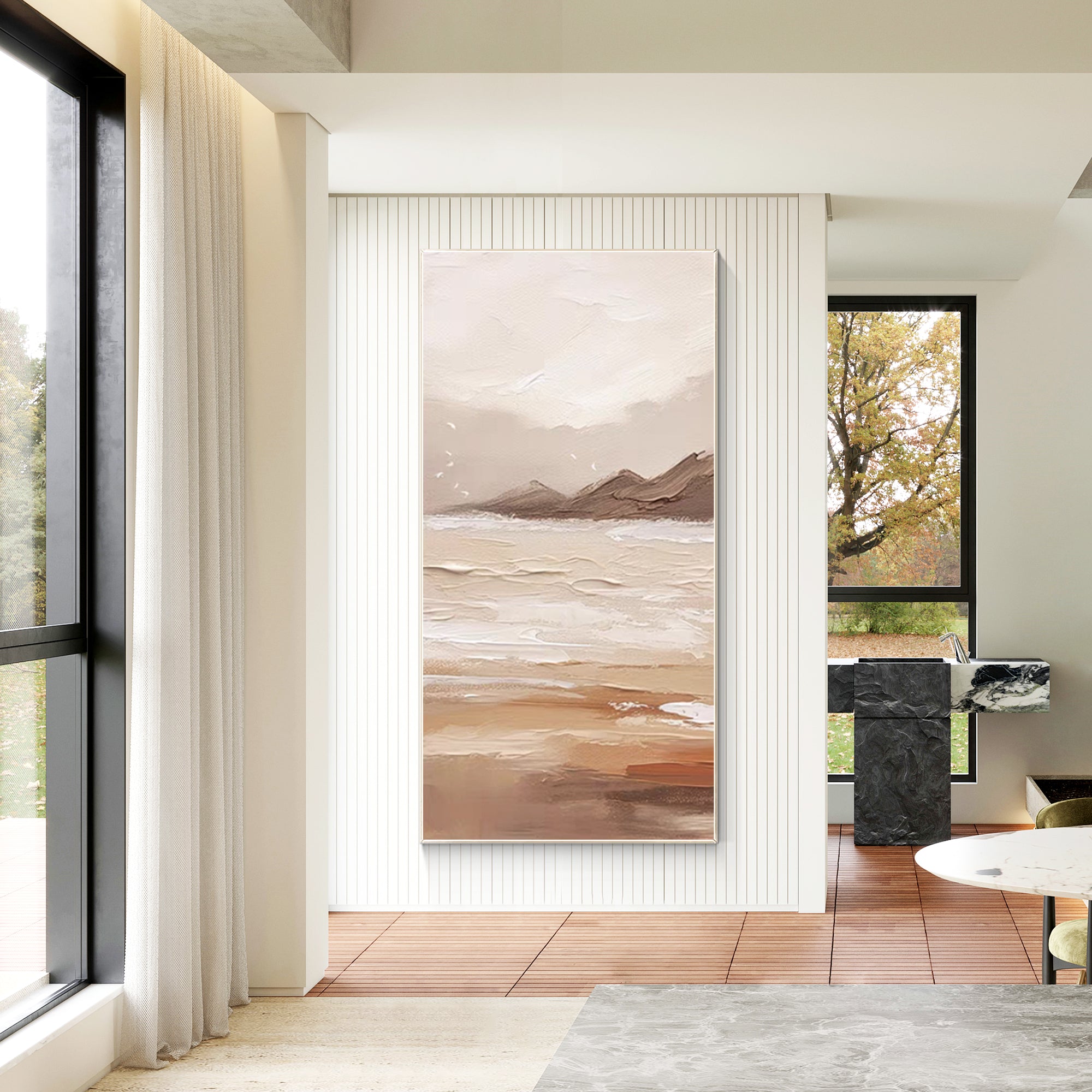 Arte mural abstracto con paisaje beige