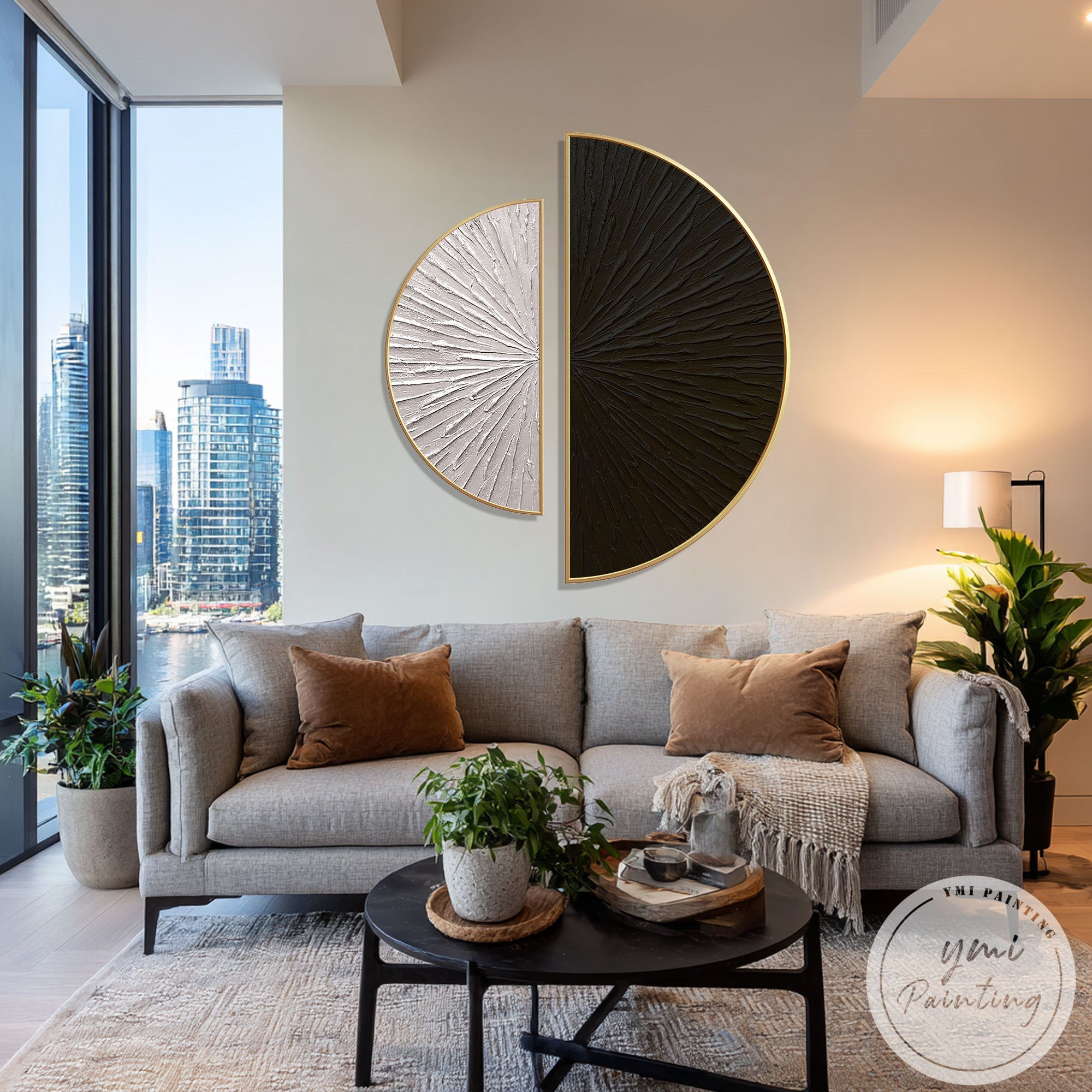 Handcrafted black and beige minimalist canvas art set