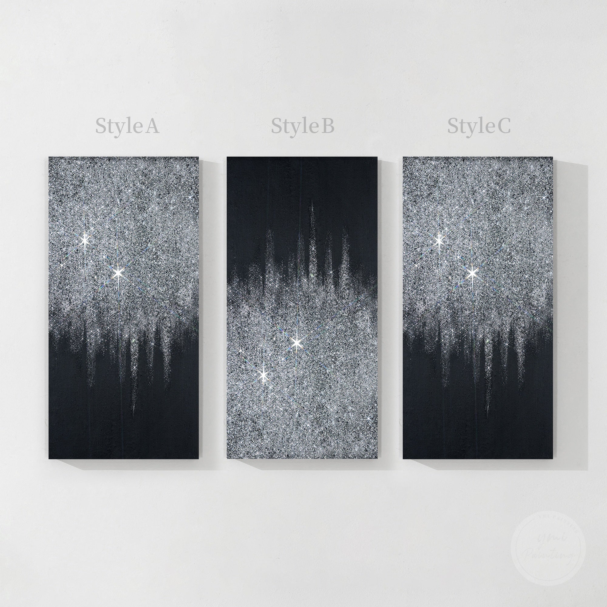 Handmade black and silver wall painting with shimmering glitter texture and modern luxury home decoration style