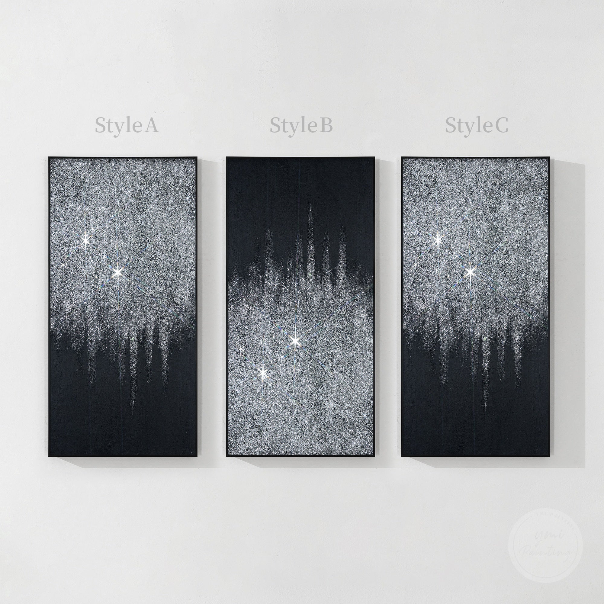Abstract silver glitter canvas artwork with glass fragments, metallic shine, and elegant minimalist design