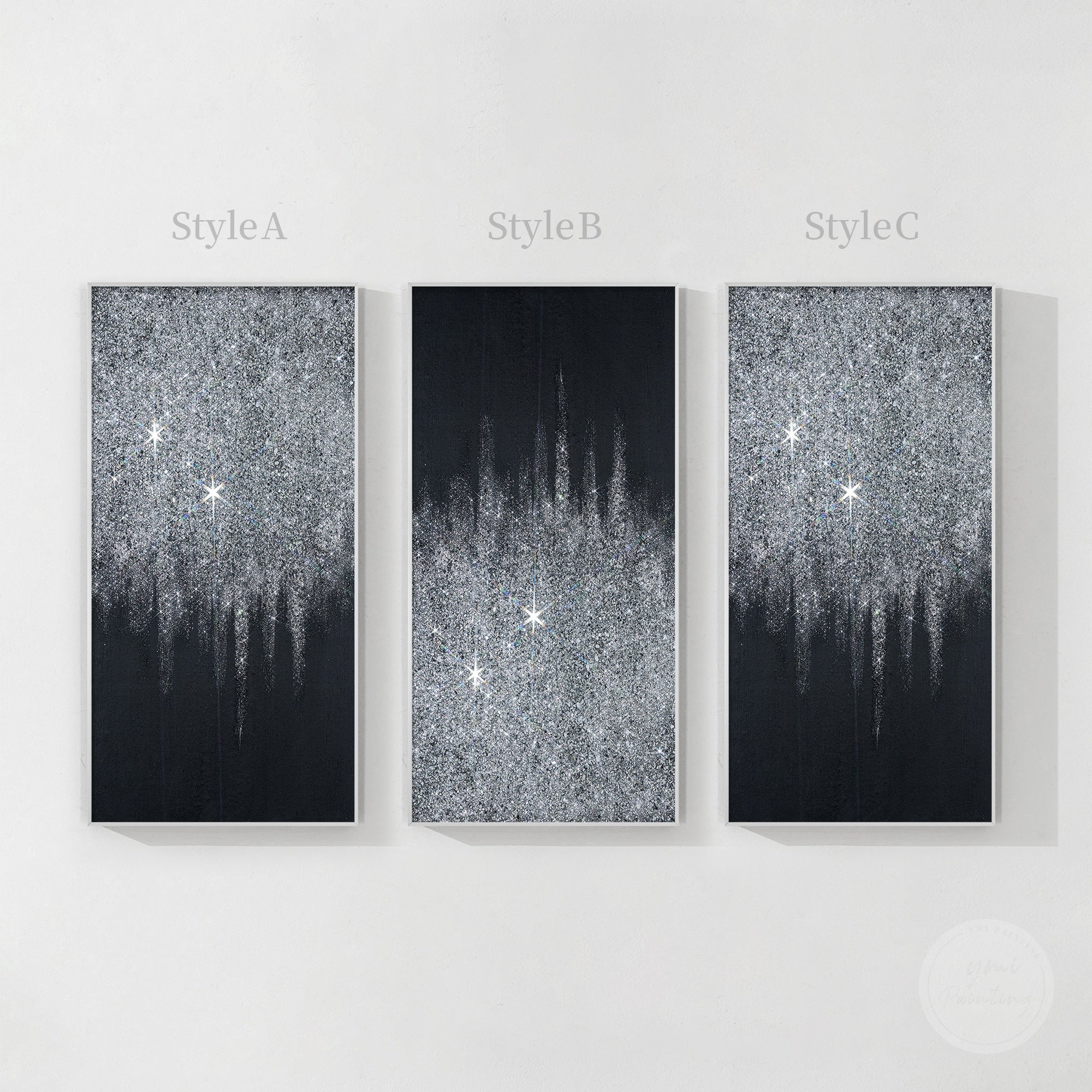 Silver glitter art painting with black and silver tones, crushed glass texture, and modern luxury wall decor design
