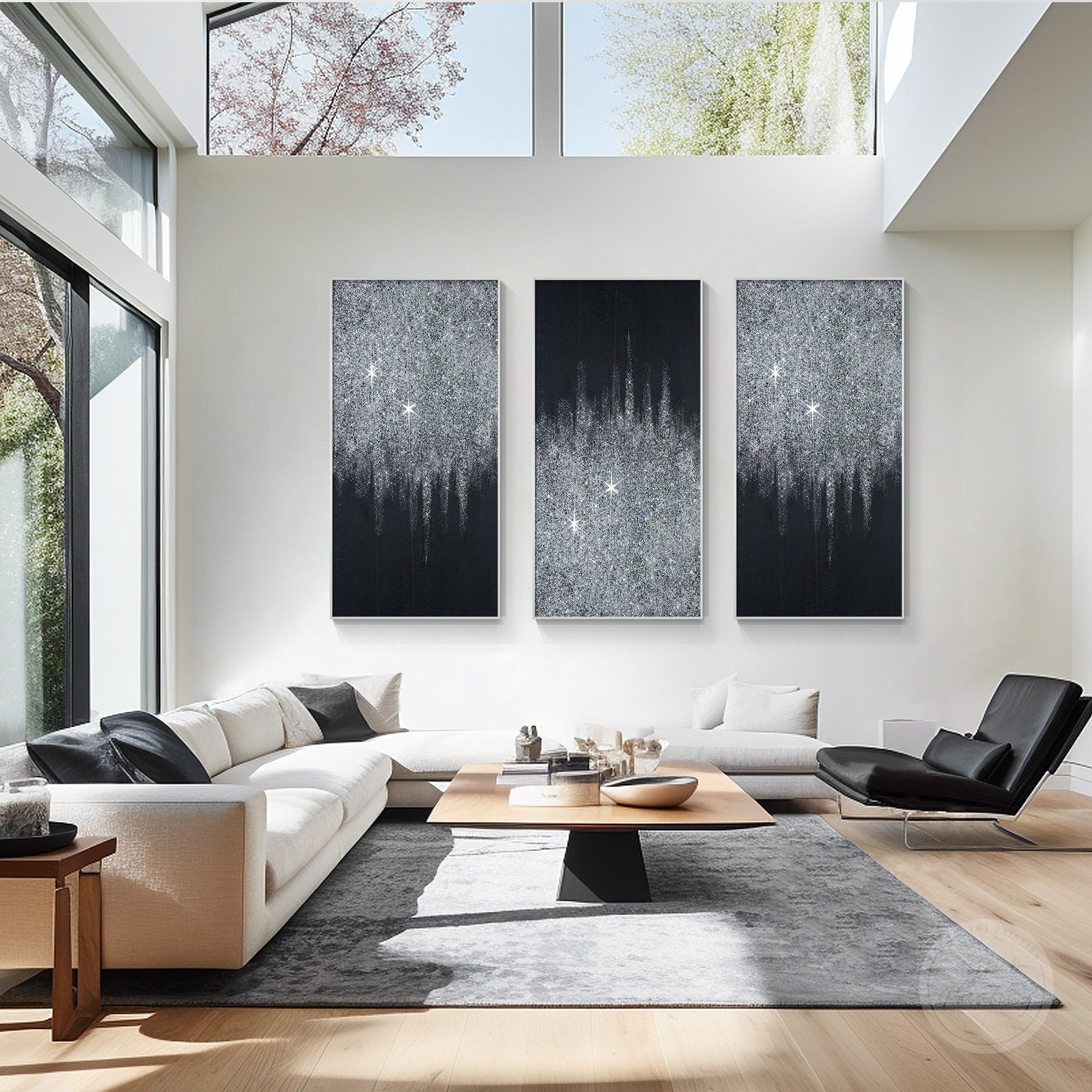 Luxury silver glitter painting with reflective glass details and minimalist abstract design for modern interiors