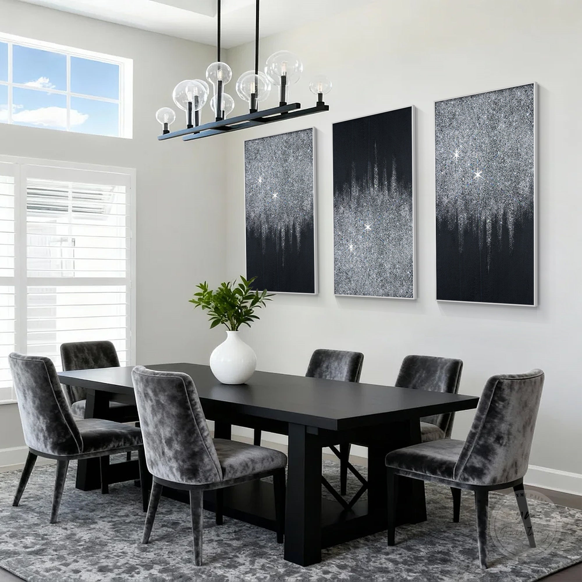Premium silver crushed glass art with glitter highlights and sophisticated abstract composition for living room decor