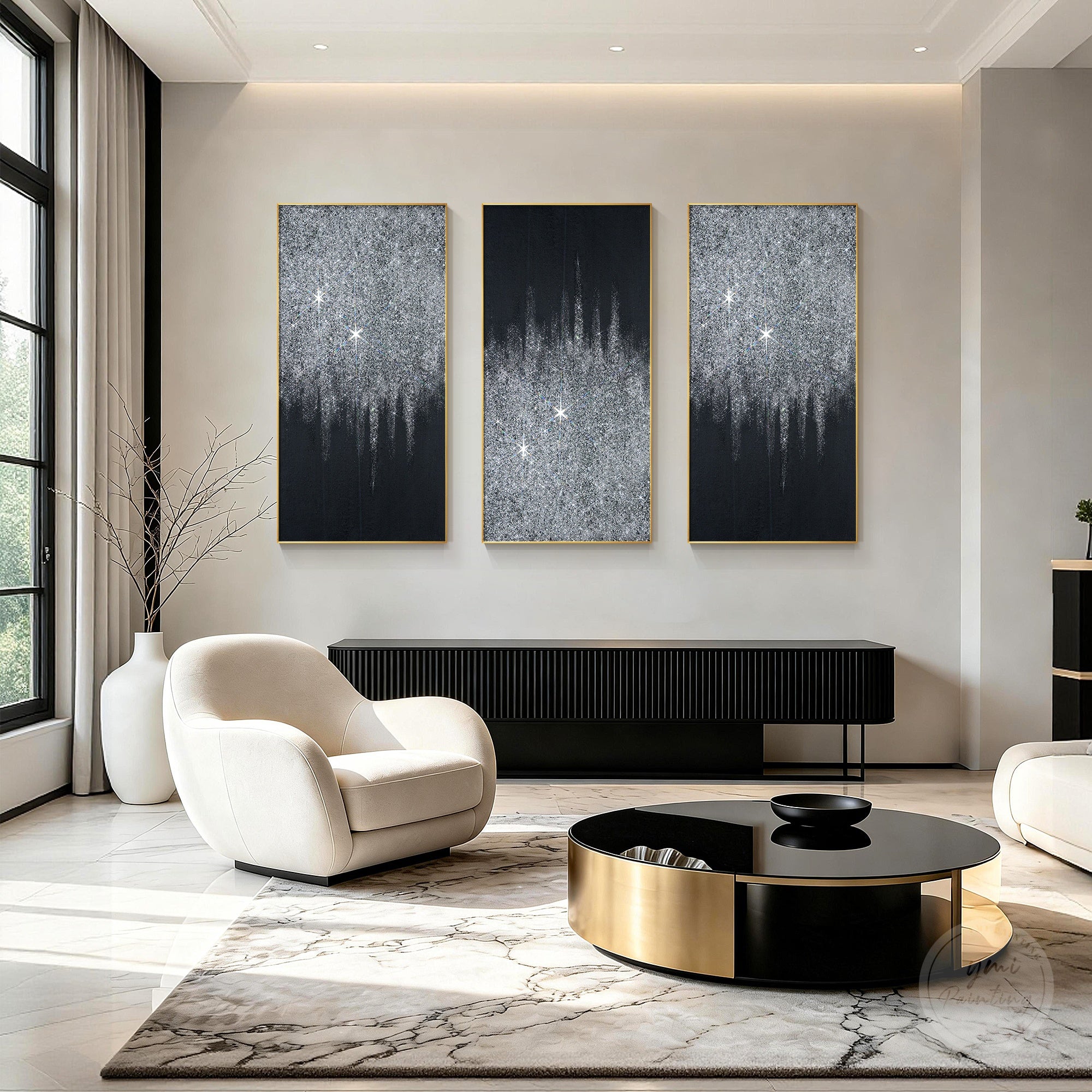 Modern black and silver glitter artwork with crushed glass accents and shimmering 3D texture for home decoration