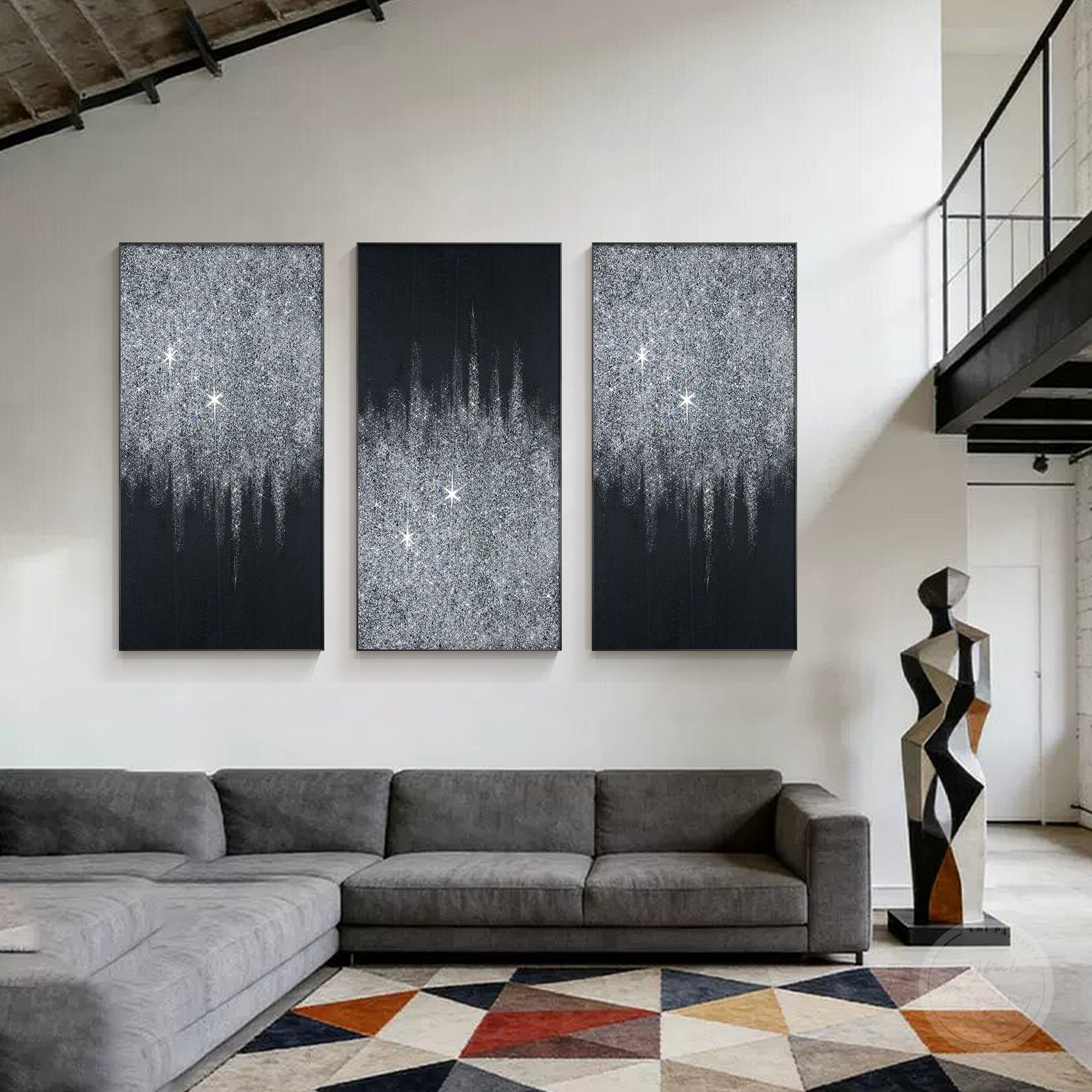 Handmade silver glitter wall art featuring sparkling details, textured canvas surface, and elegant contemporary style
