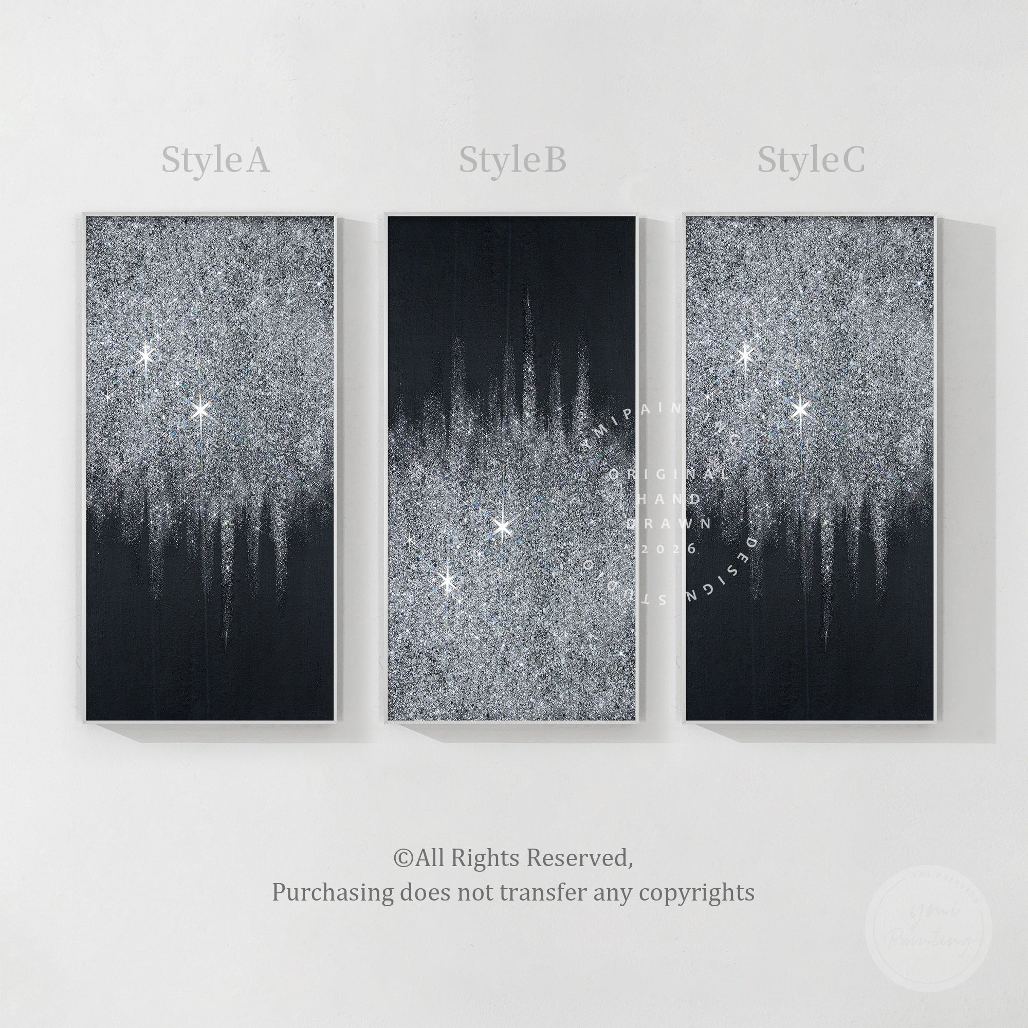 Unique silver glitter painting with sparkling surface texture and contemporary black silver abstract artwork