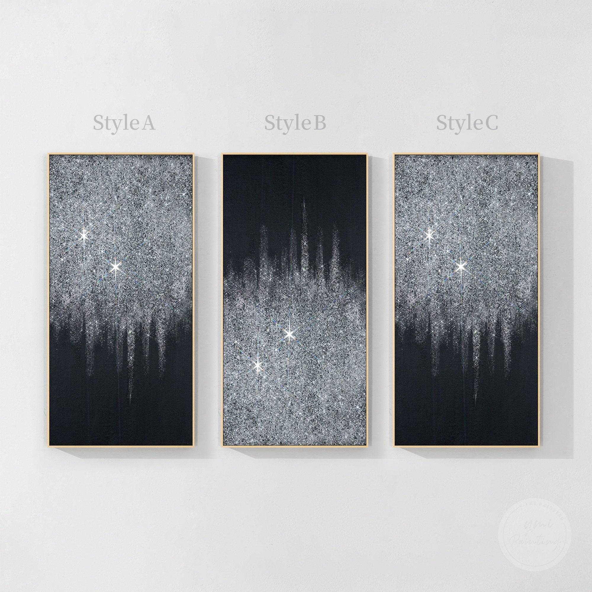 Unique silver glitter painting with sparkling surface texture and contemporary black silver abstract artwork