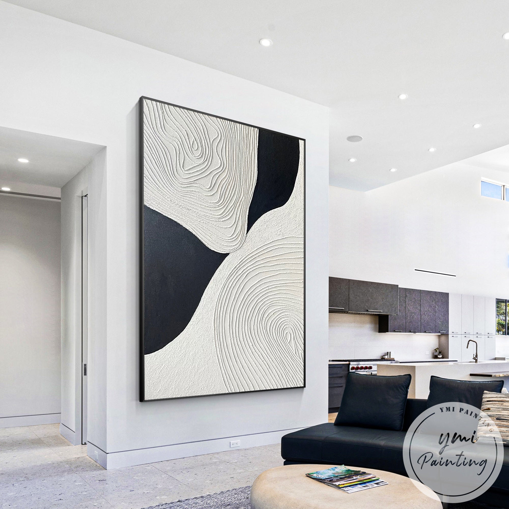 Minimalist black white wall art relief texture canvas