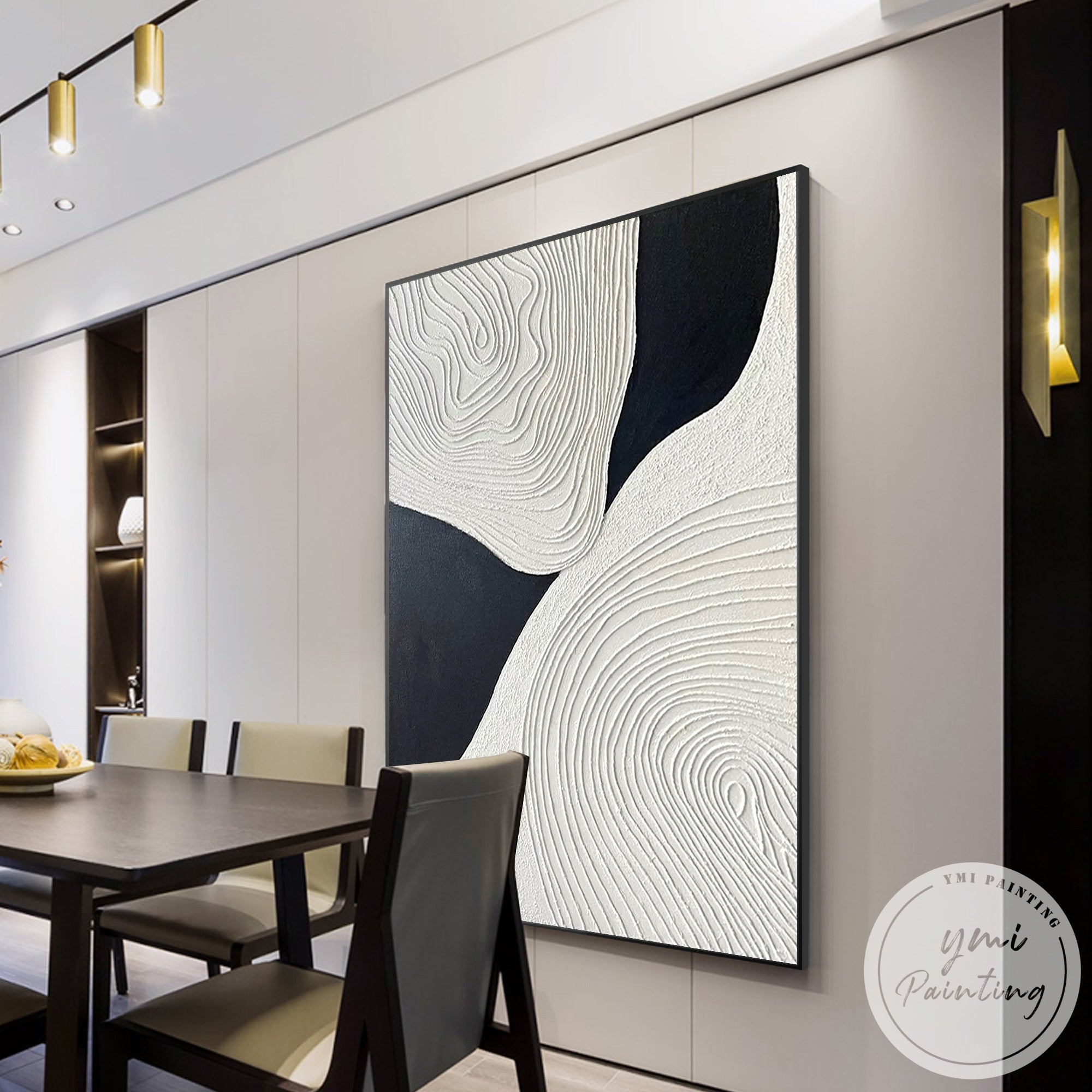 Handmade abstract relief painting black white wall decor