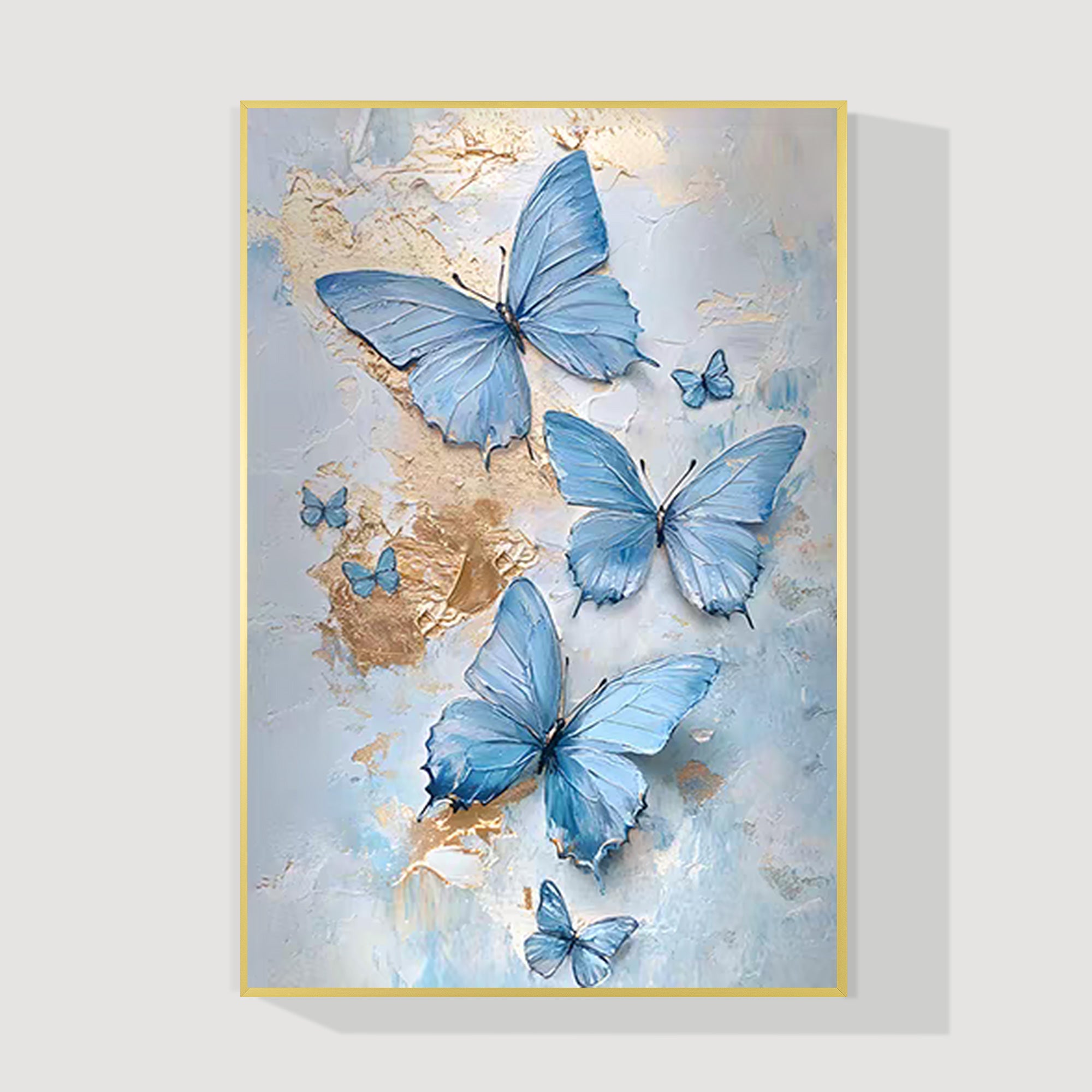 Blue butterfly abstract painting on canvas extra large vertical wall art