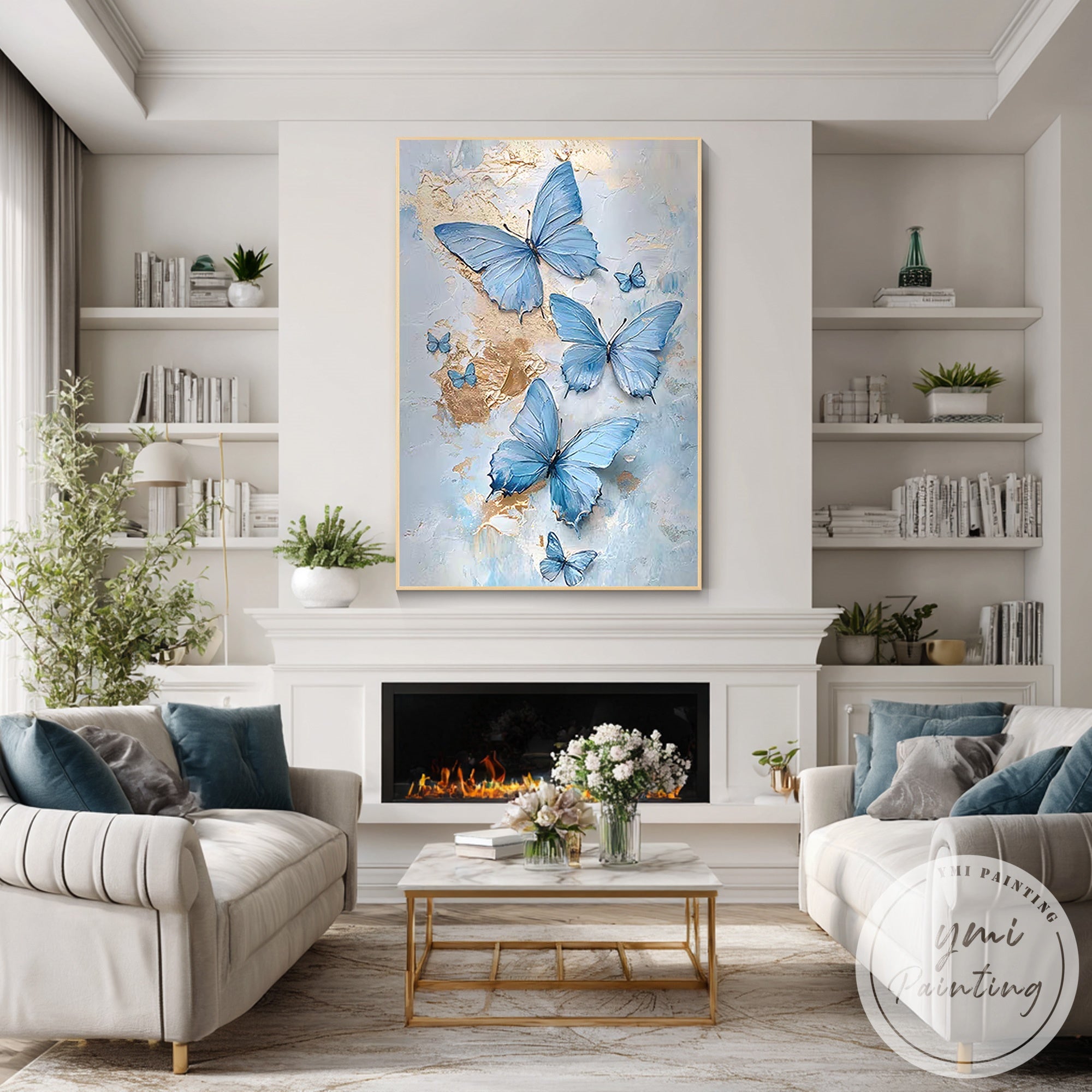 Large vertical abstract butterfly canvas painting for home interior