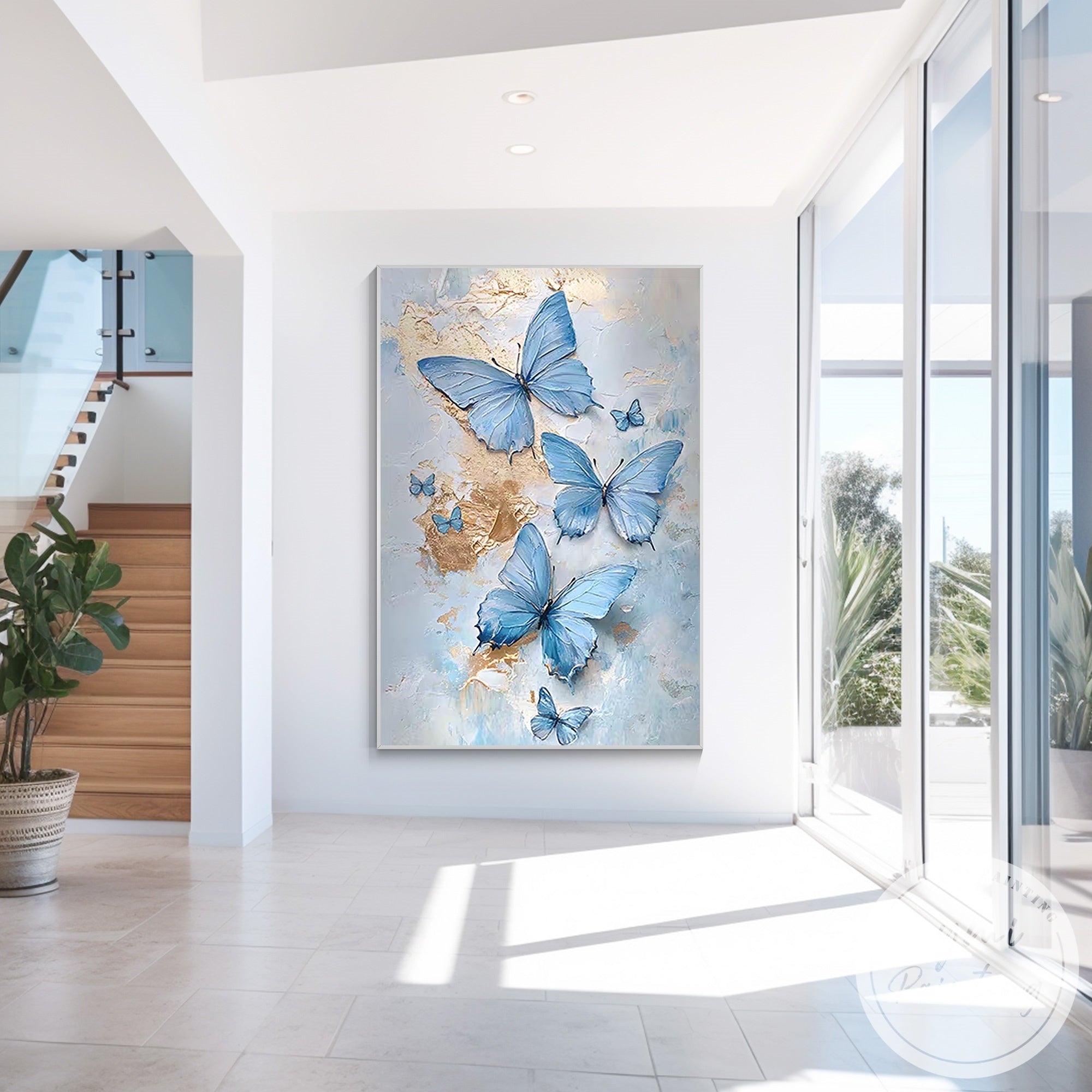 Original blue abstract butterfly painting for wall decoration