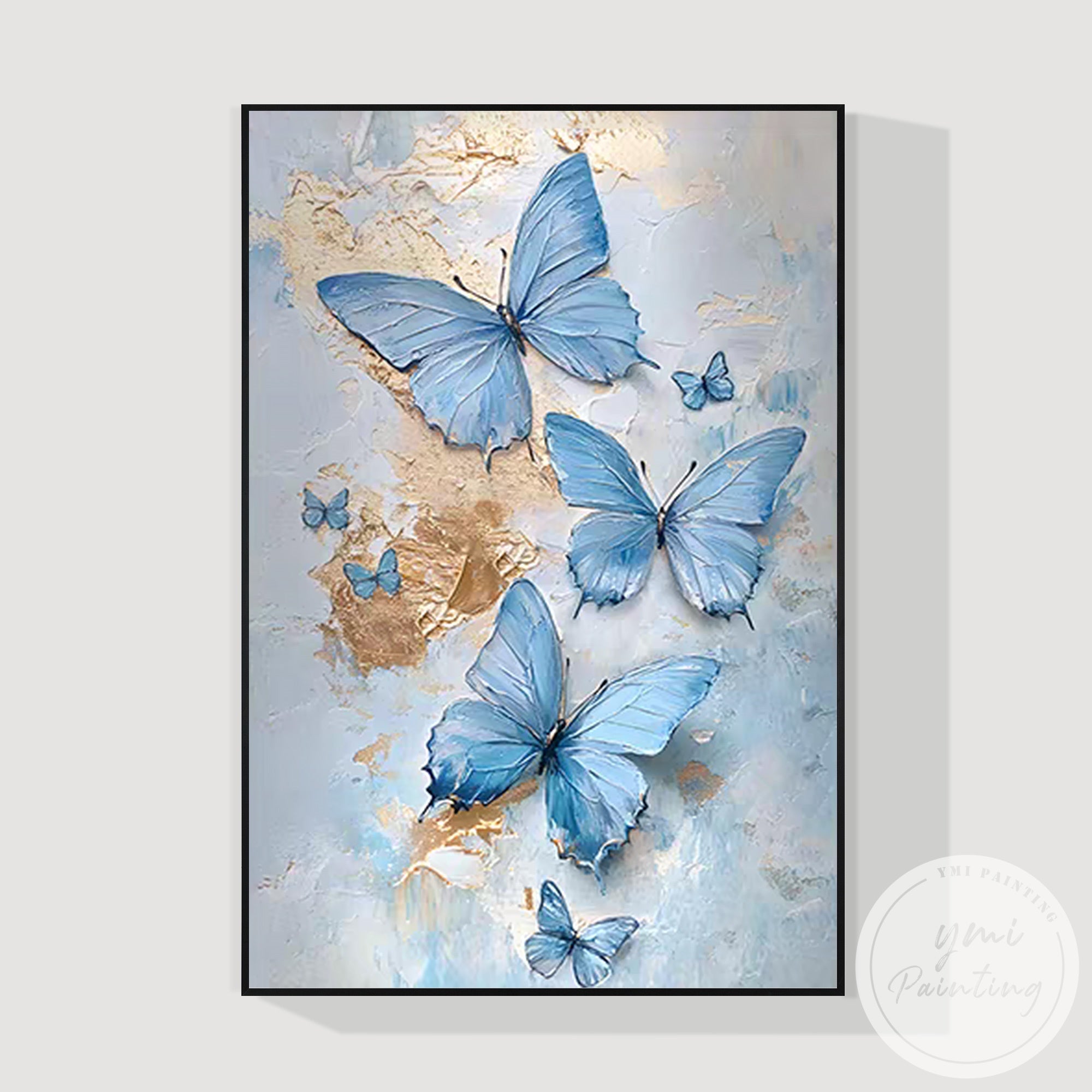 Contemporary vertical canvas painting with blue butterfly design