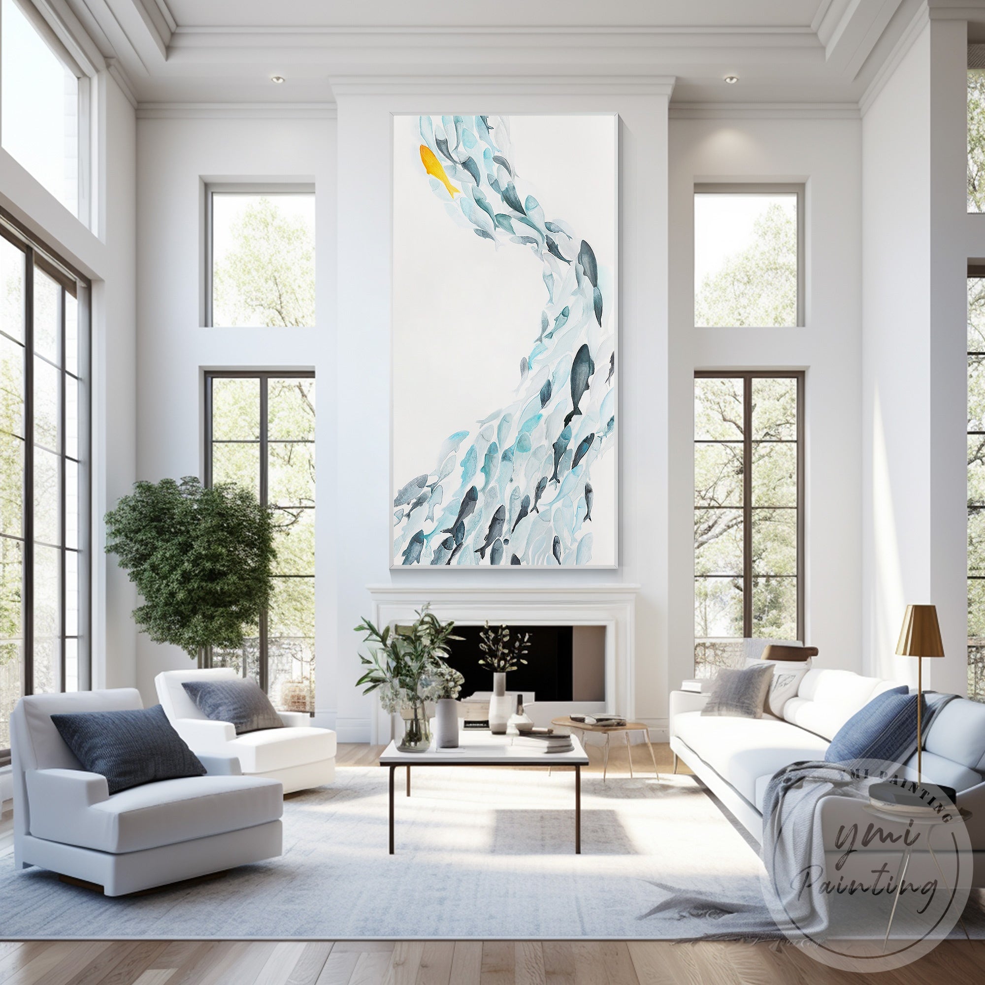 Blue ocean fish canvas painting for bedroom wall decor