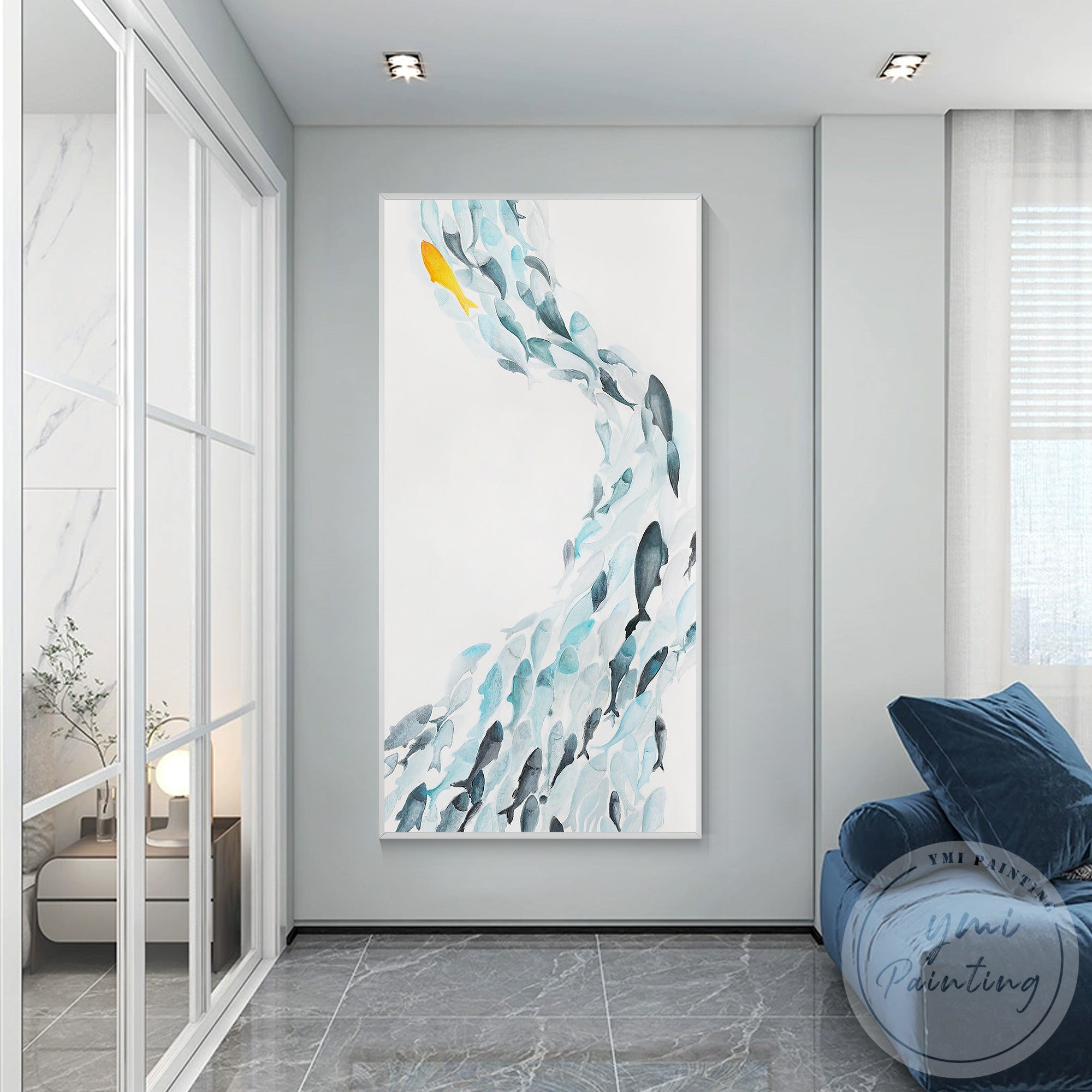 Hand painted blue fish watercolor canvas artwork