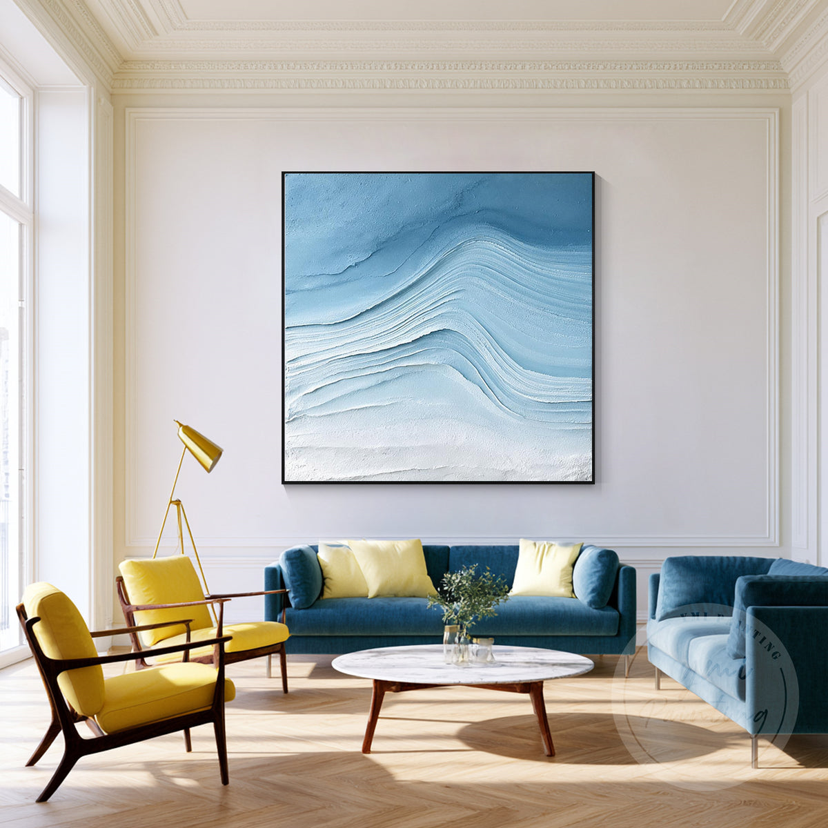 Blue glacier wave abstract relief painting on canvas