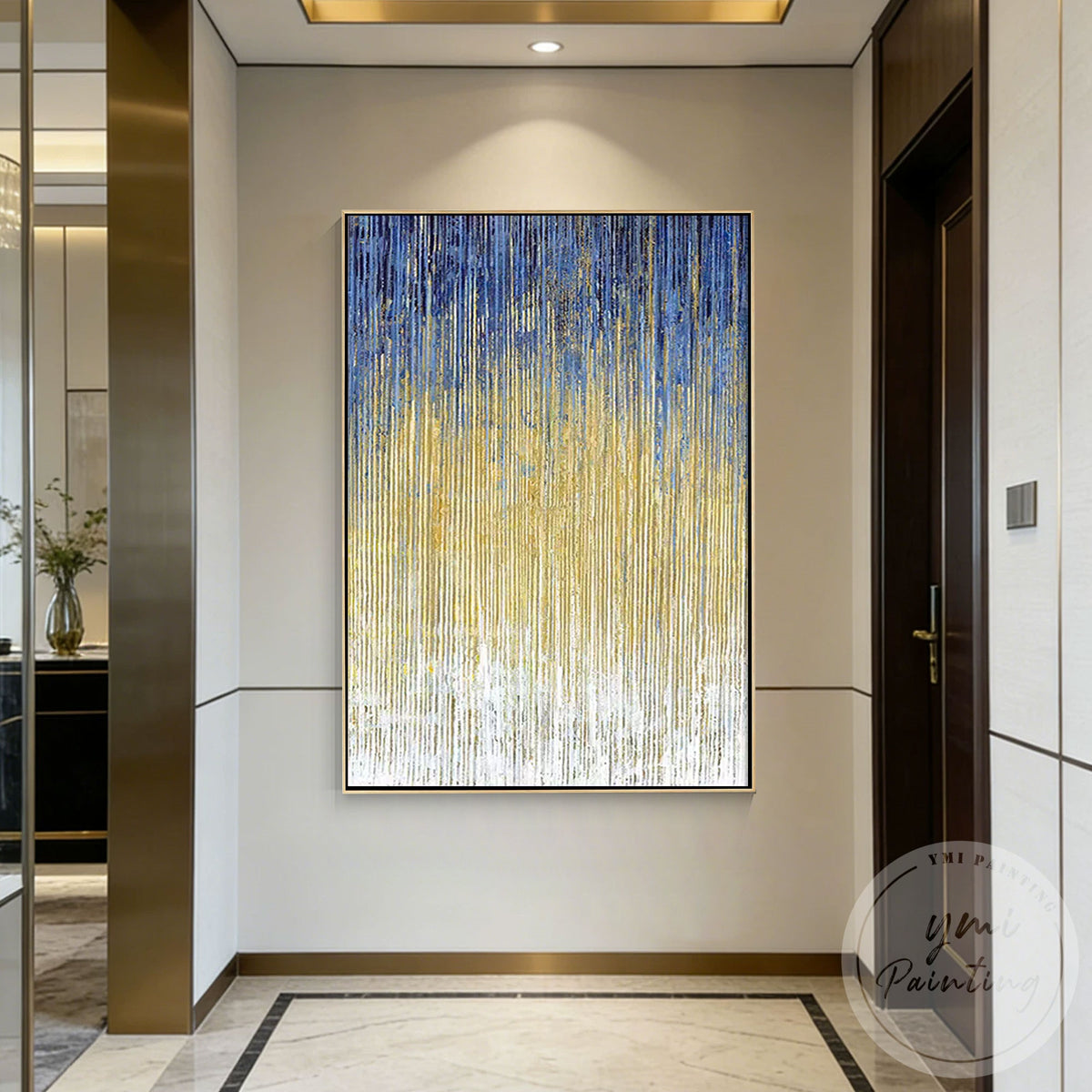 Modern blue and gold wall decor for living room