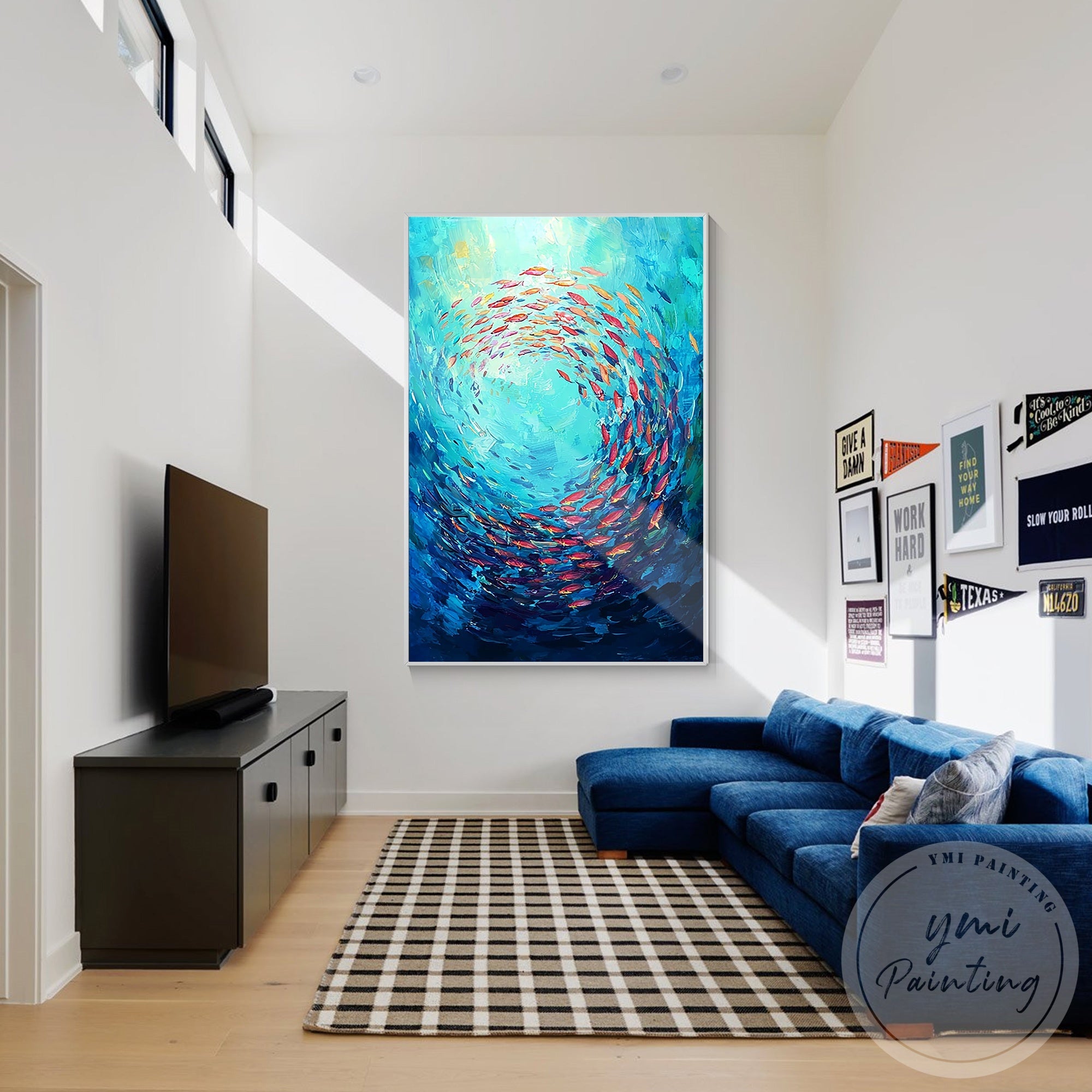 Swirling school of fish blue ocean canvas artwork