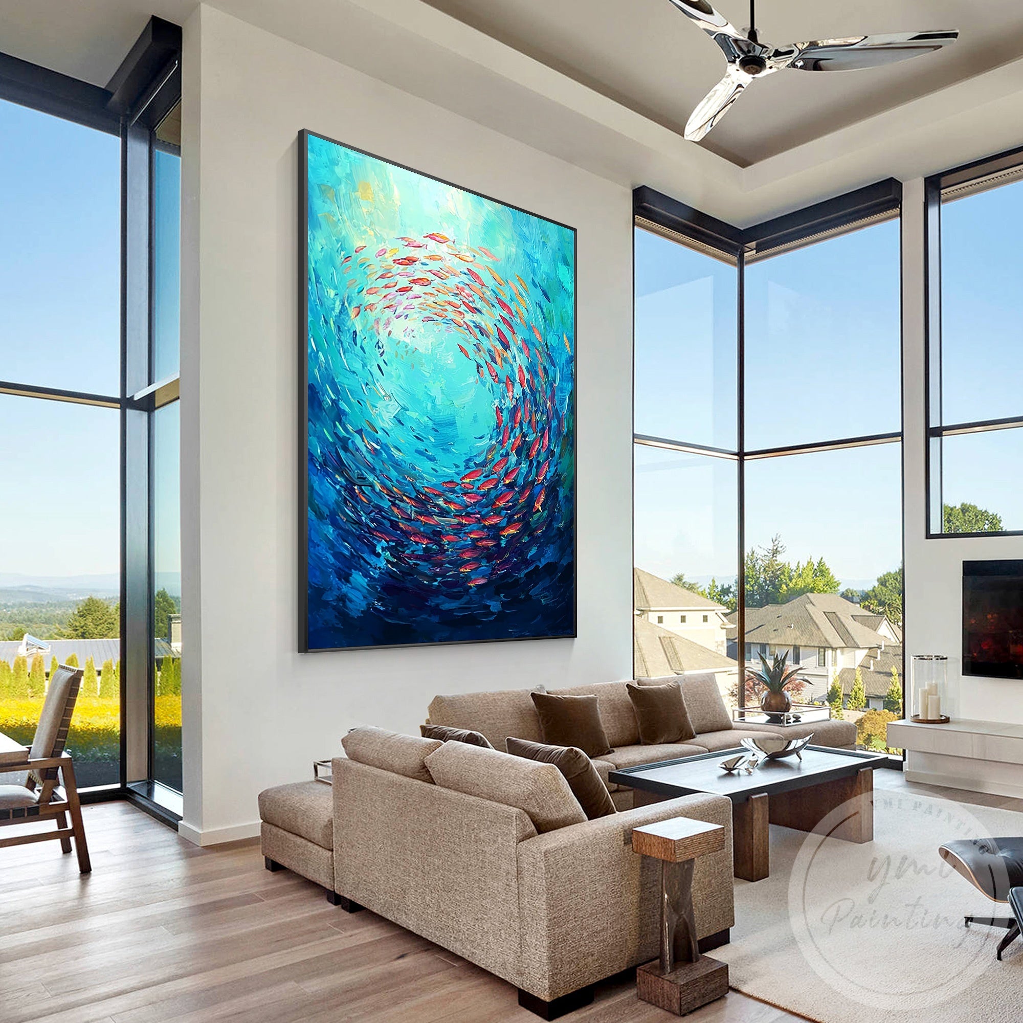 Abstract blue fish painting nautical canvas artwork