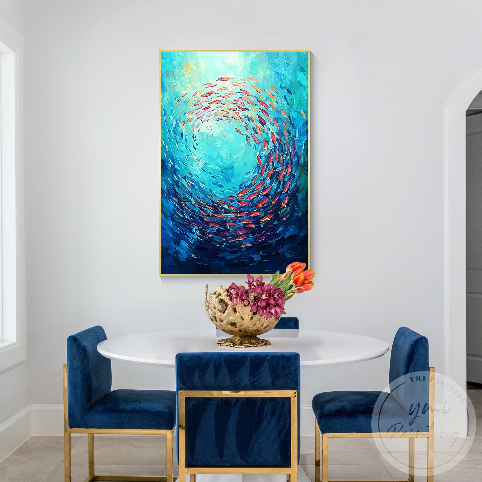Blue underwater fish canvas painting modern coastal decor
