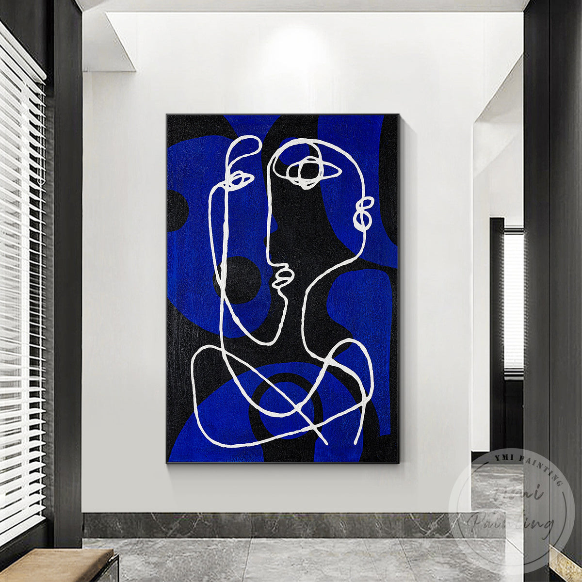 Modern blue line art painting for bedroom wall decor