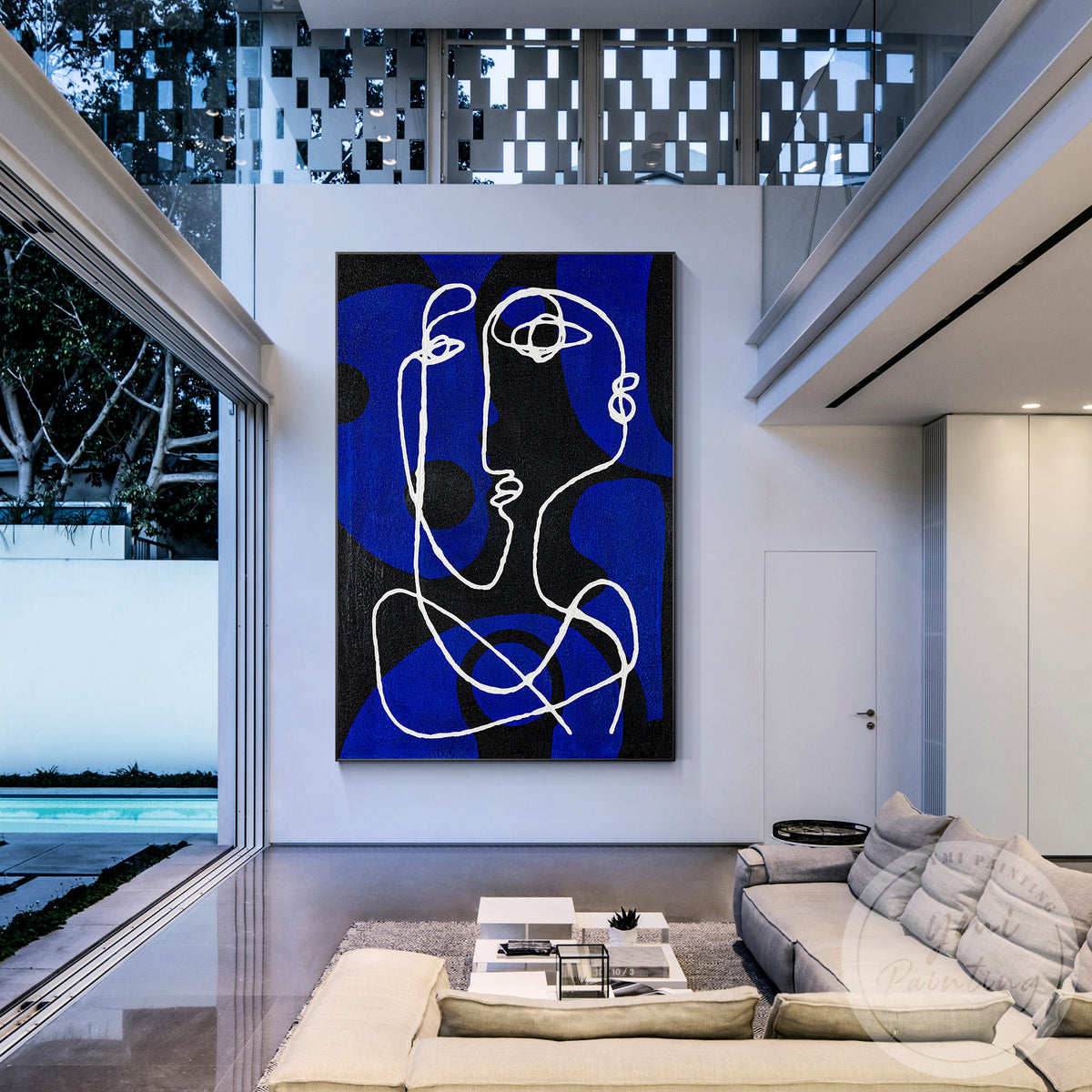Hand-painted abstract figure art with blue textured details