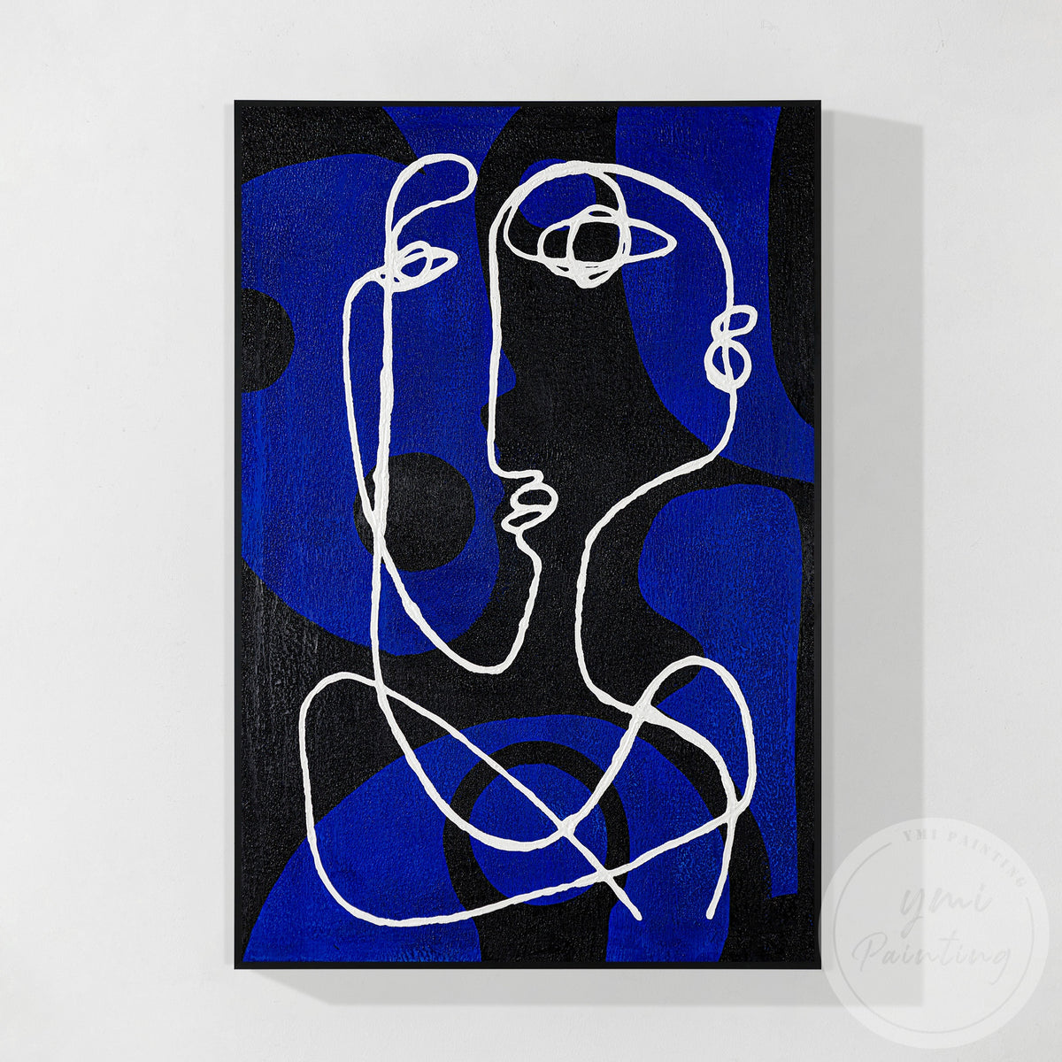 Contemporary blue line art wall painting with expressive textures