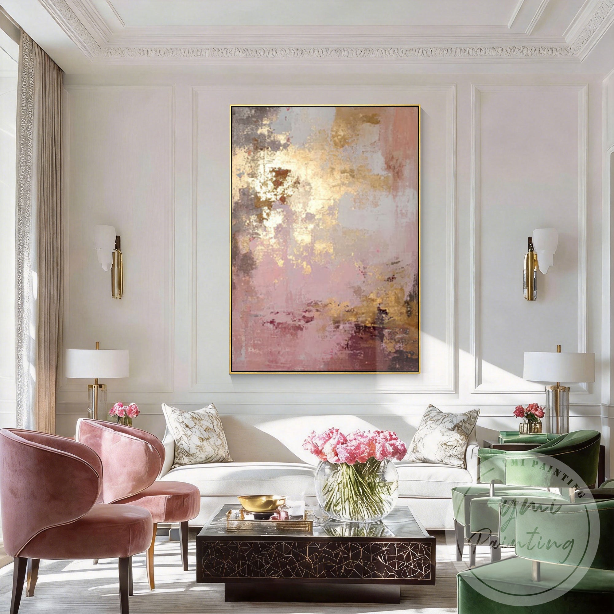 Textured abstract painting with soft pink and gold highlights