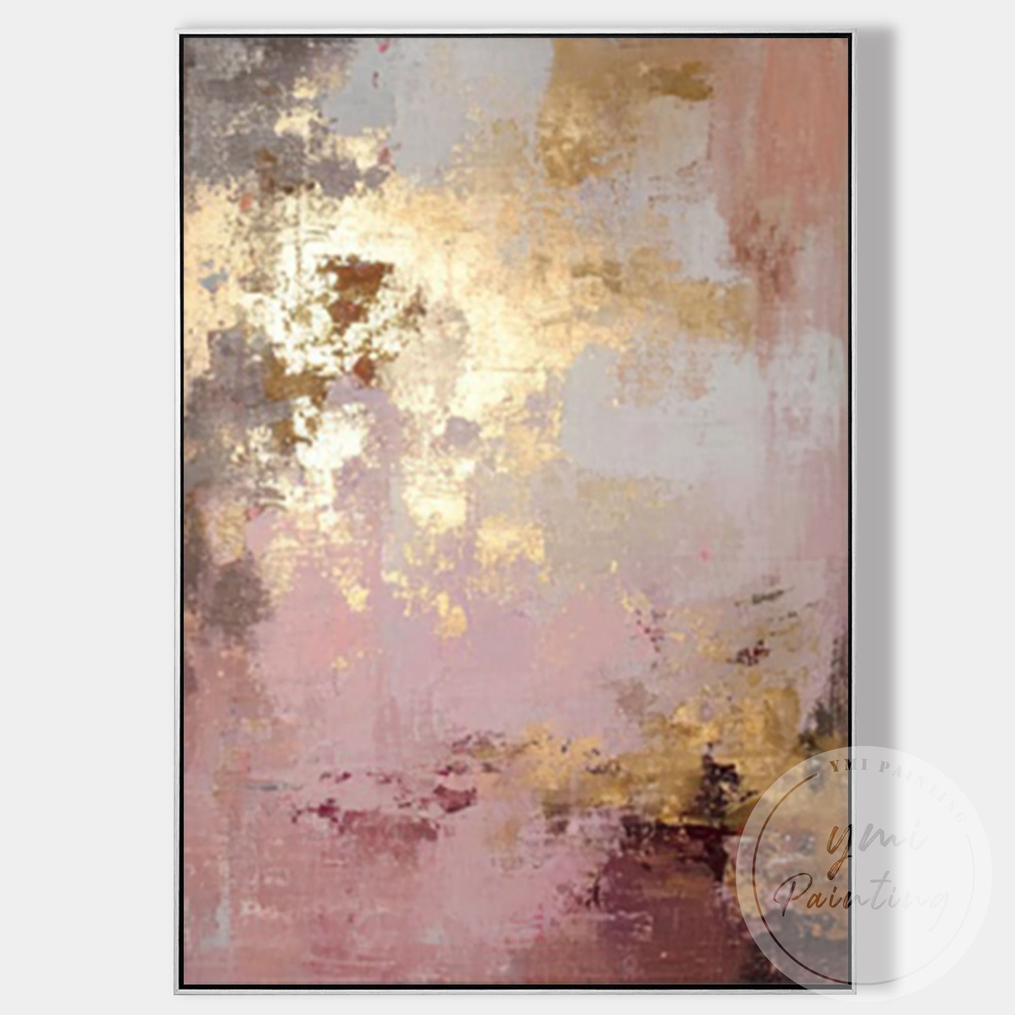 Gold accented abstract artwork on blush pink background
