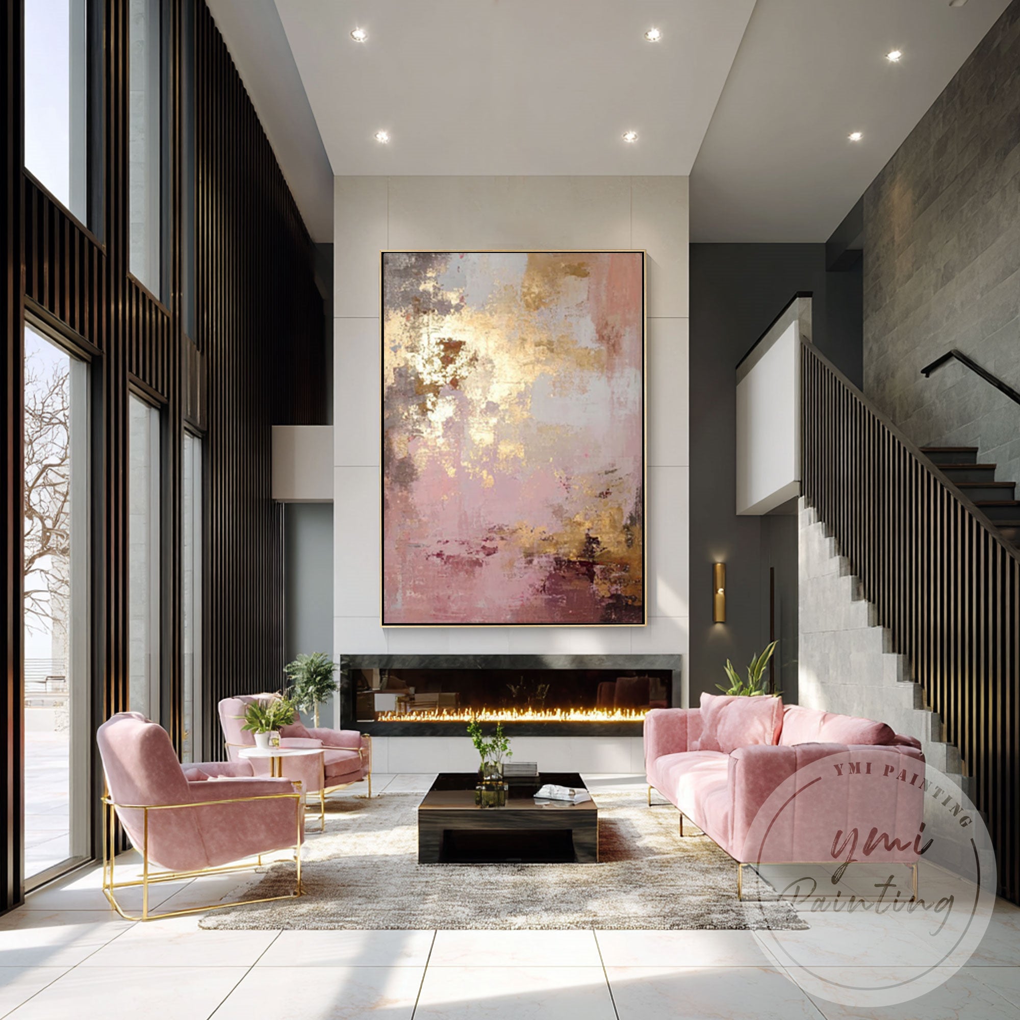 Contemporary blush pink abstract wall decor with metallic detail