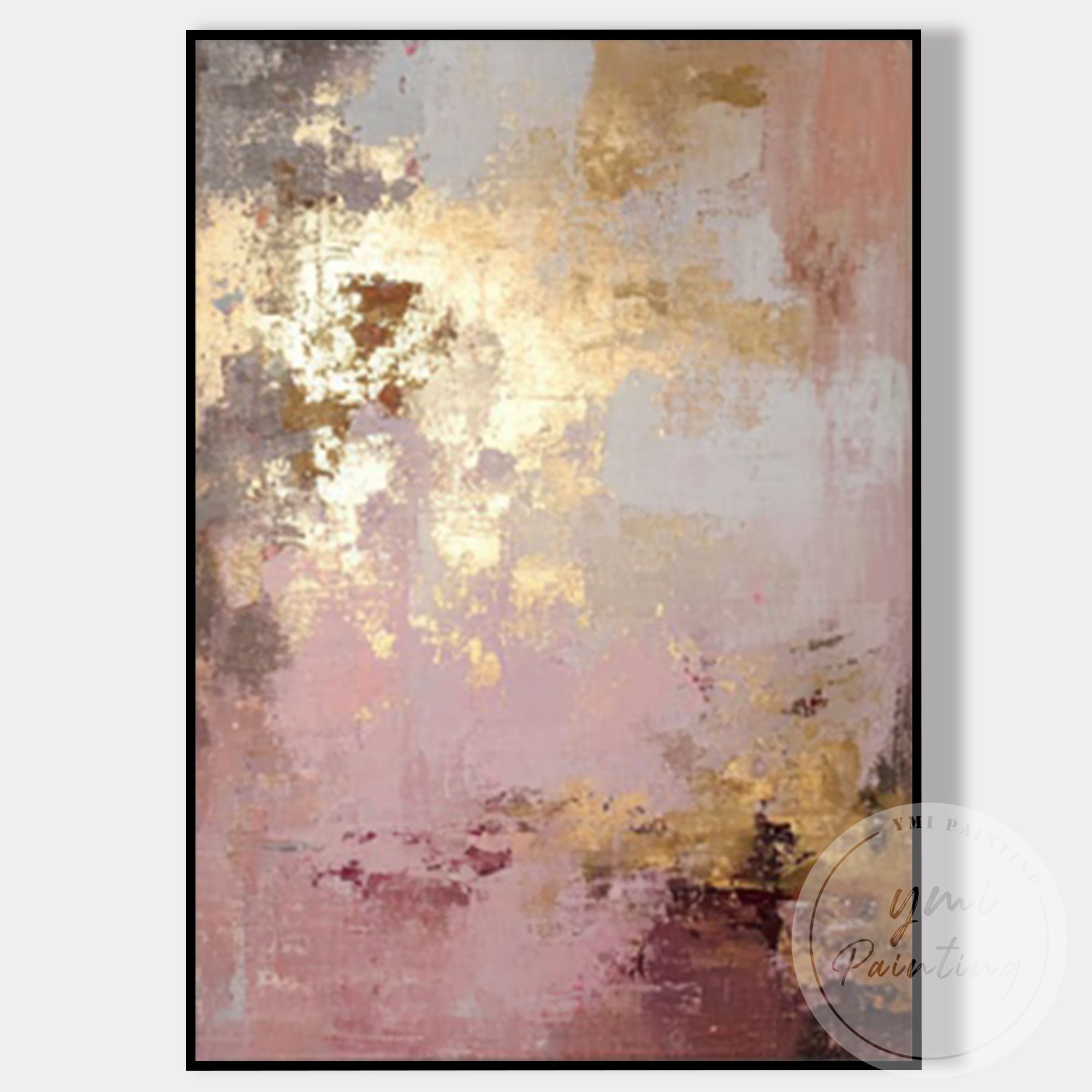Minimalist blush and gold abstract painting close-up detail