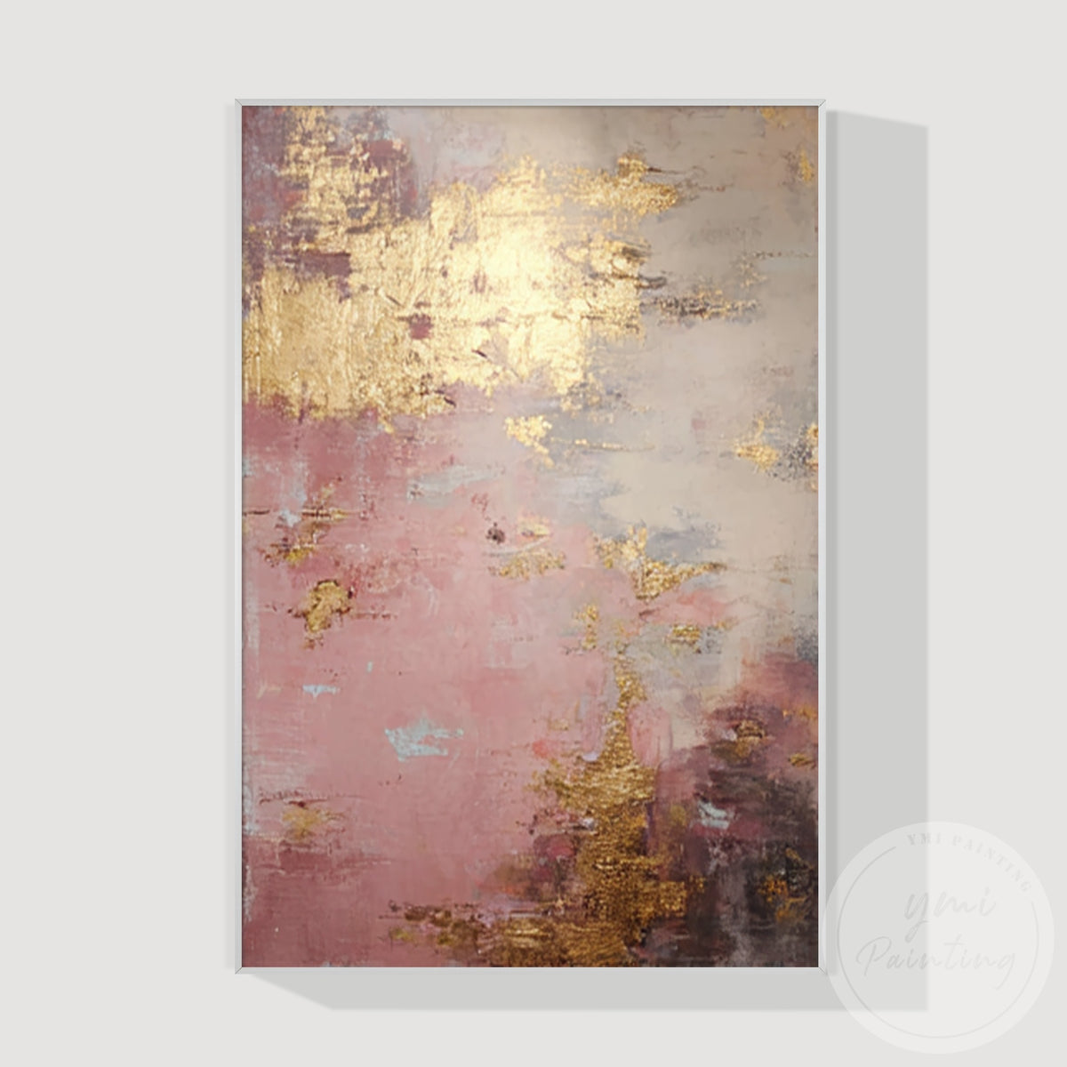 Textured abstract painting with soft pink hues and shimmering gold details
