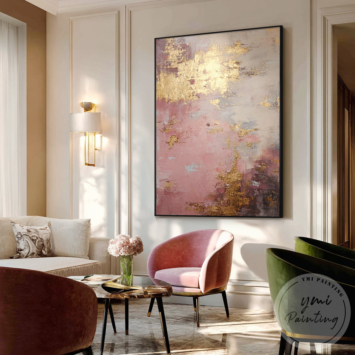 Modern champagne gold abstract canvas in blush pink and beige tones