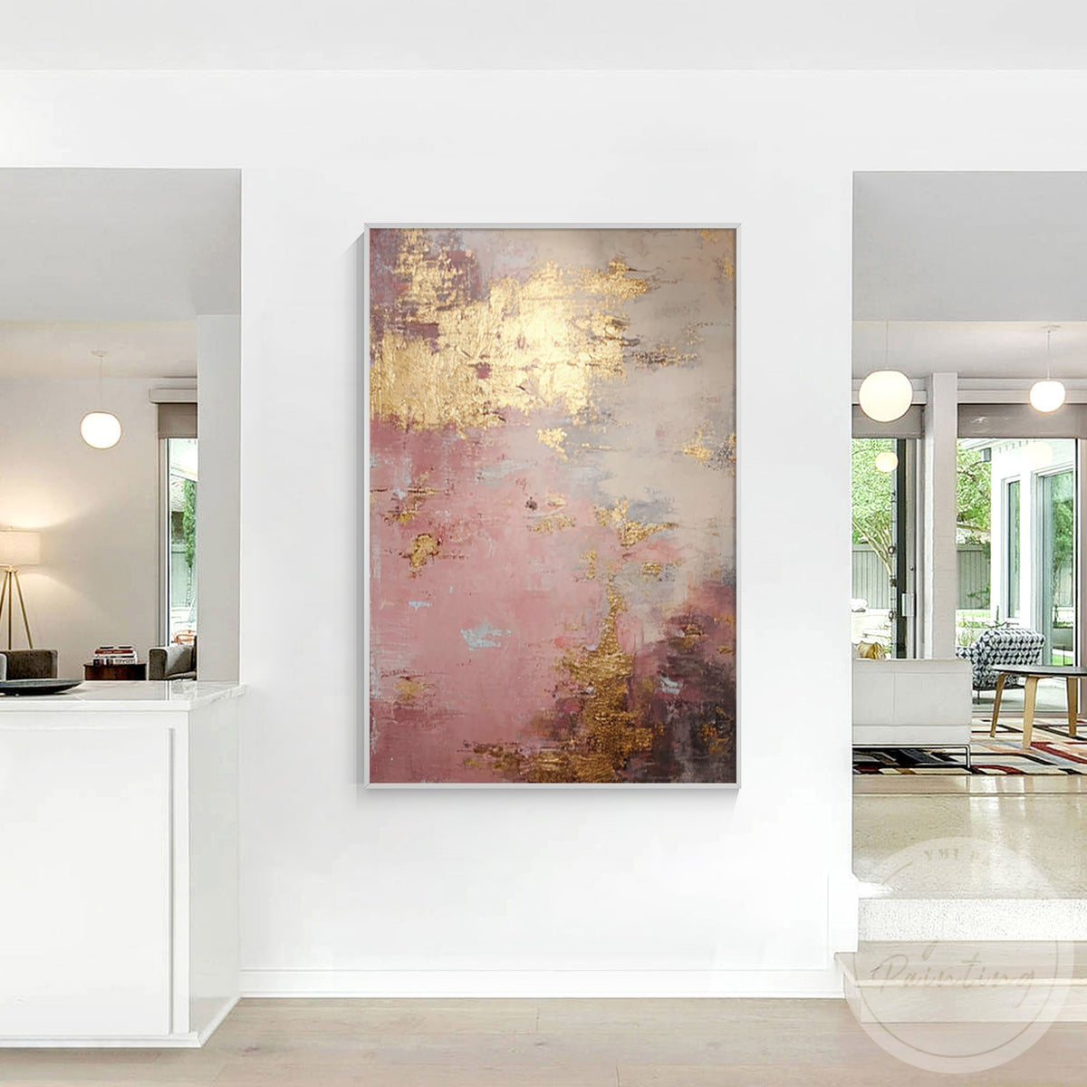 Blush pink mauve gold wall art for an elegant contemporary bedroom