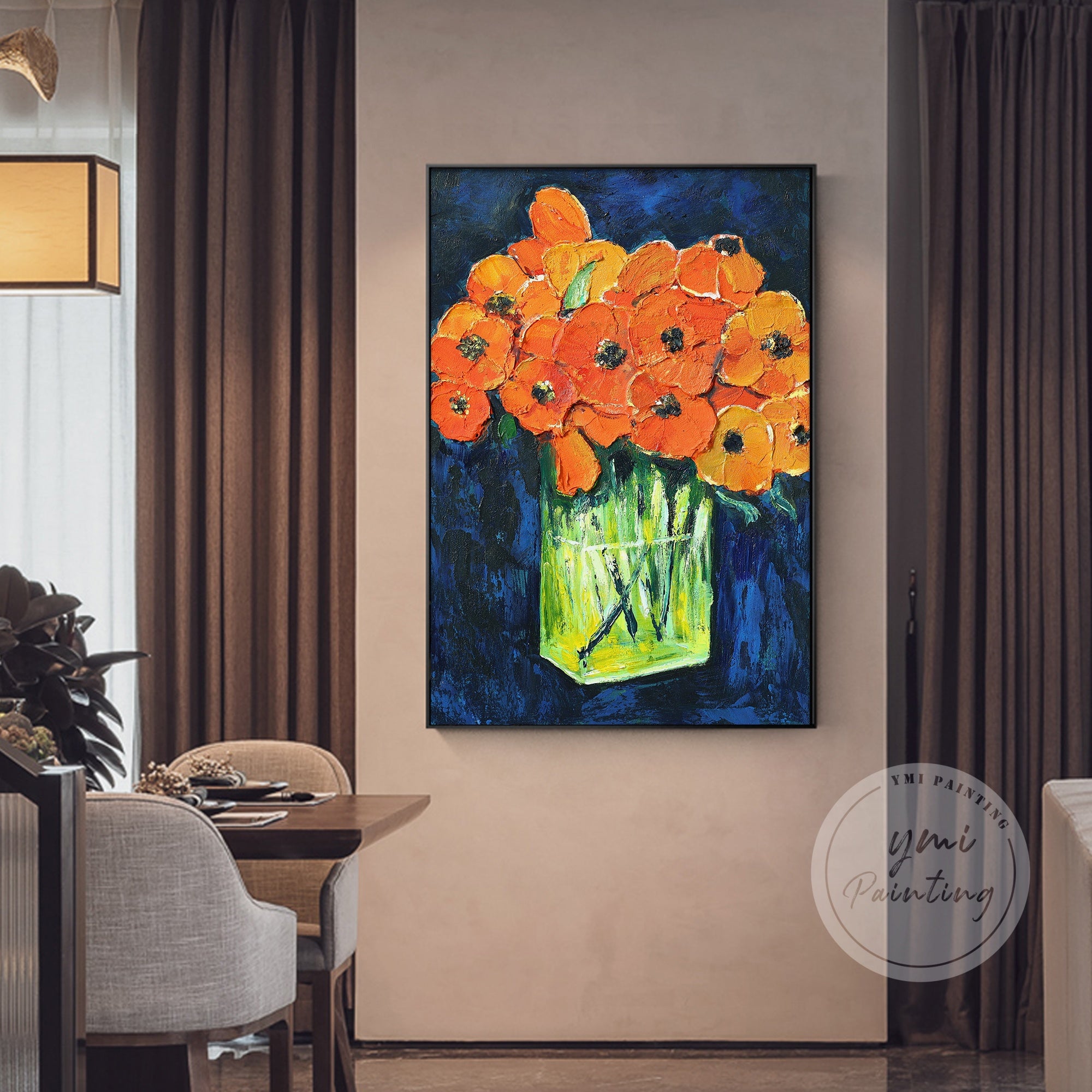 Modern art featuring bold orange flowers with thick brushstrokes, creating movement and energy.