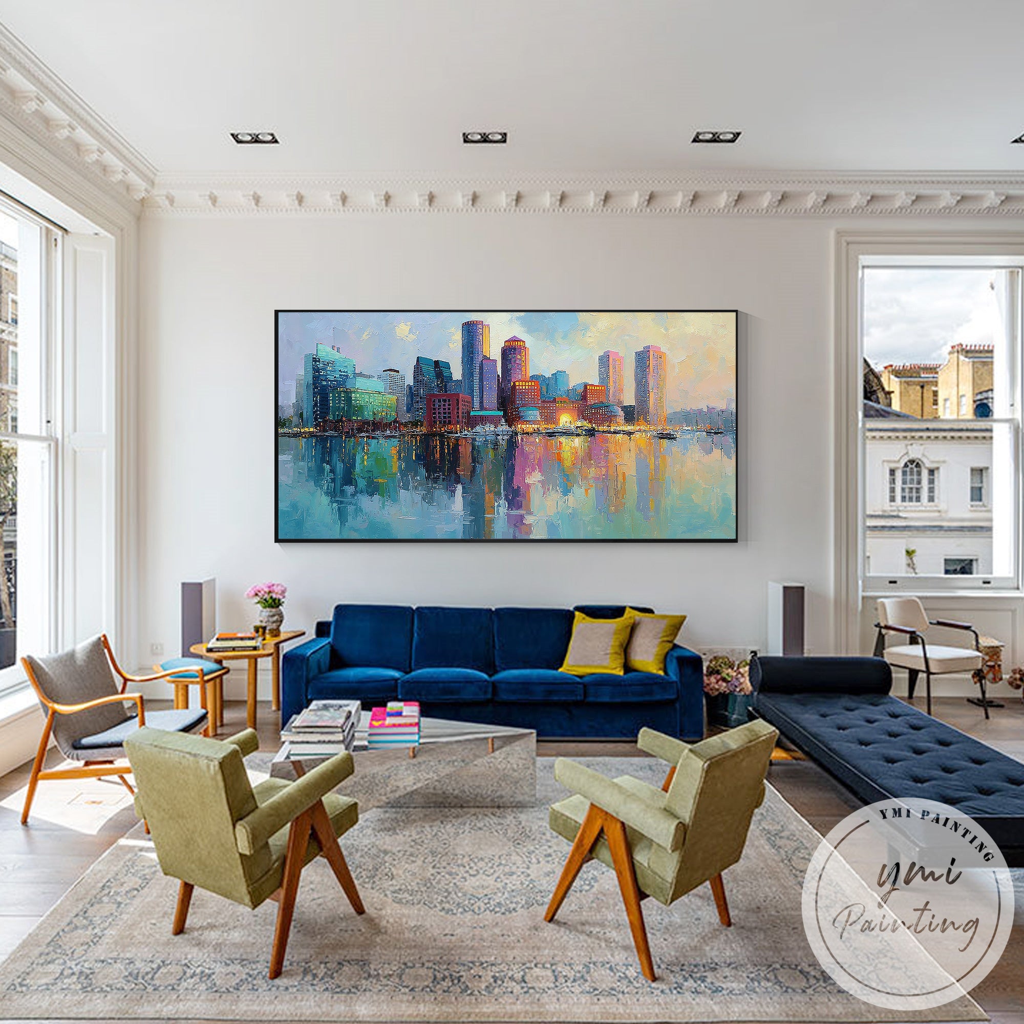 Large Boston cityscape canvas painting contemporary urban style