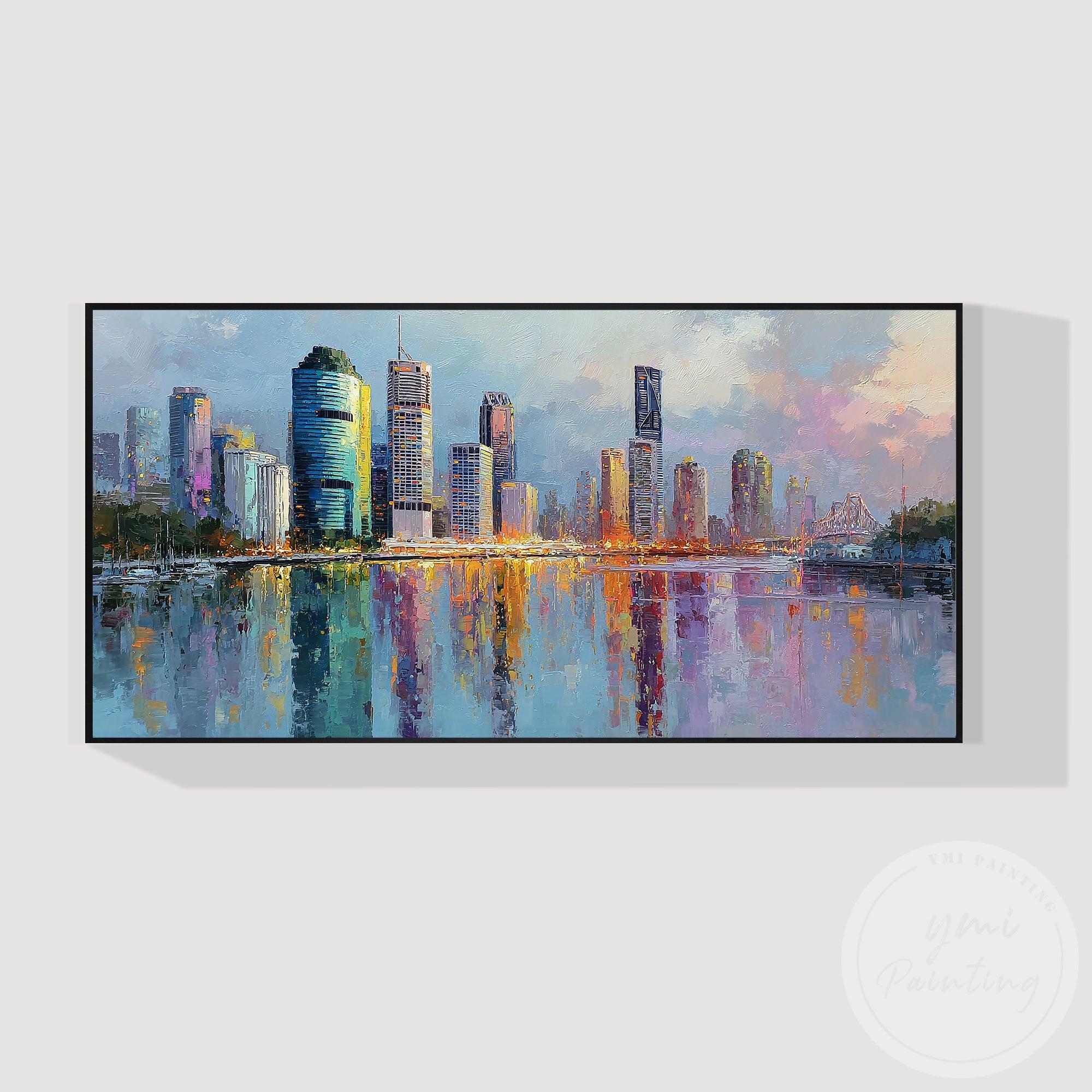 Hand painted urban skyline artwork Brisbane modern interior art