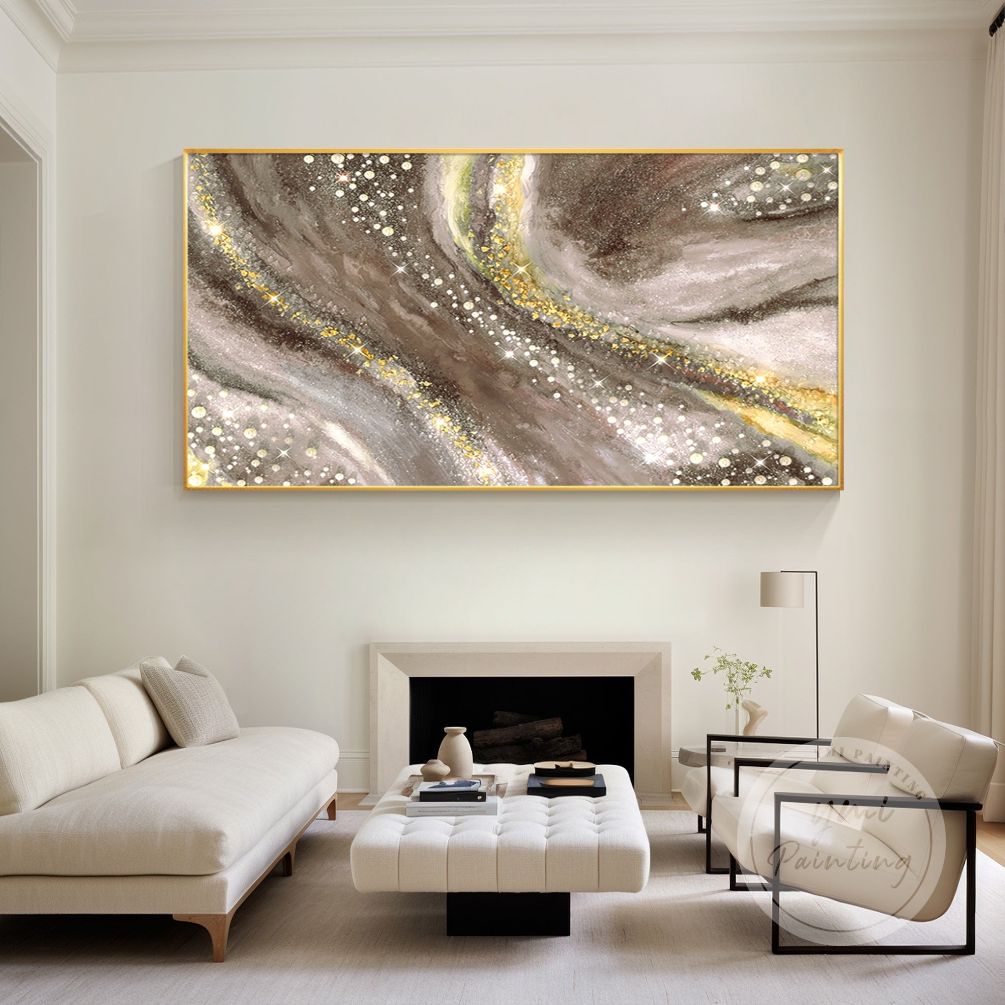 Textured abstract painting in brown and gold tones with a framed finish.