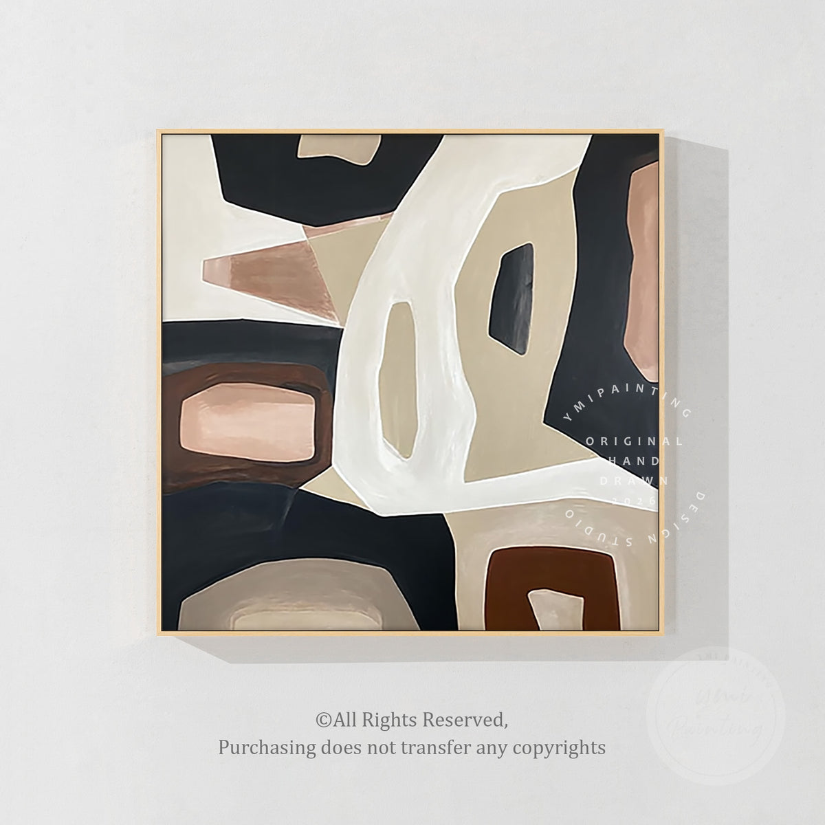 Brown taupe and black abstract painting, full view